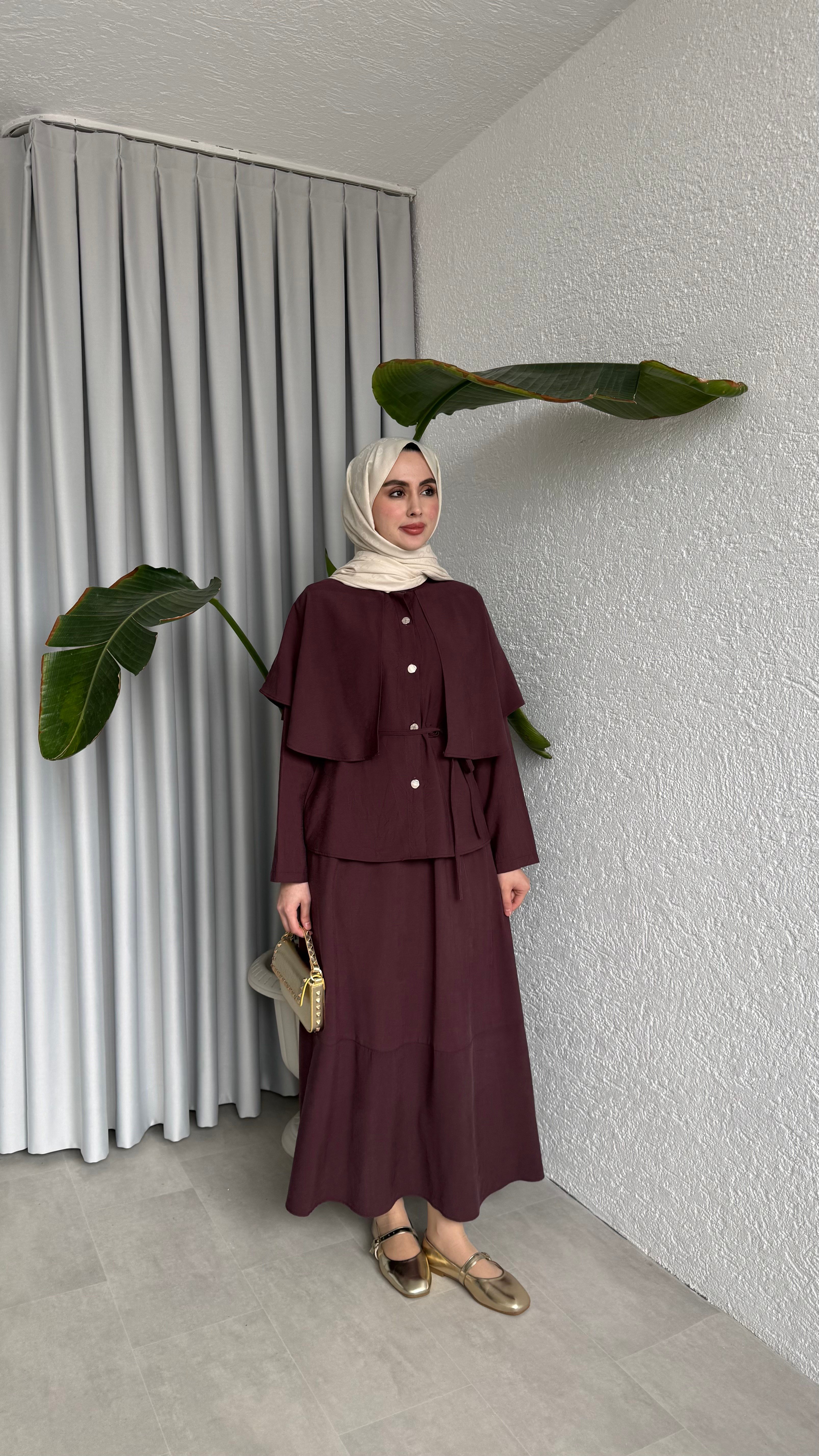 PELERİN DETAYLI ETEK TAKIM - MÜRDÜM