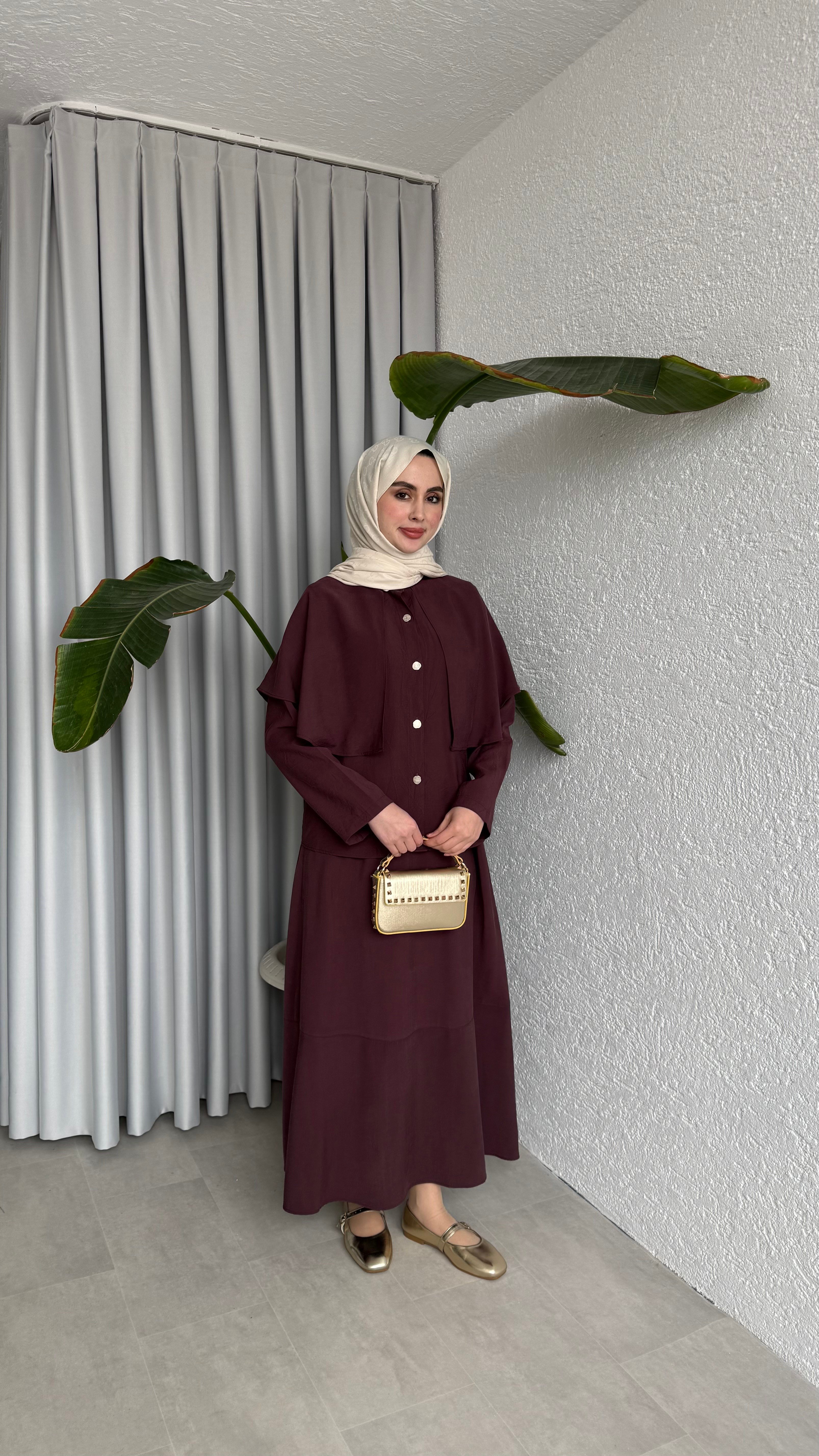PELERİN DETAYLI ETEK TAKIM - MÜRDÜM