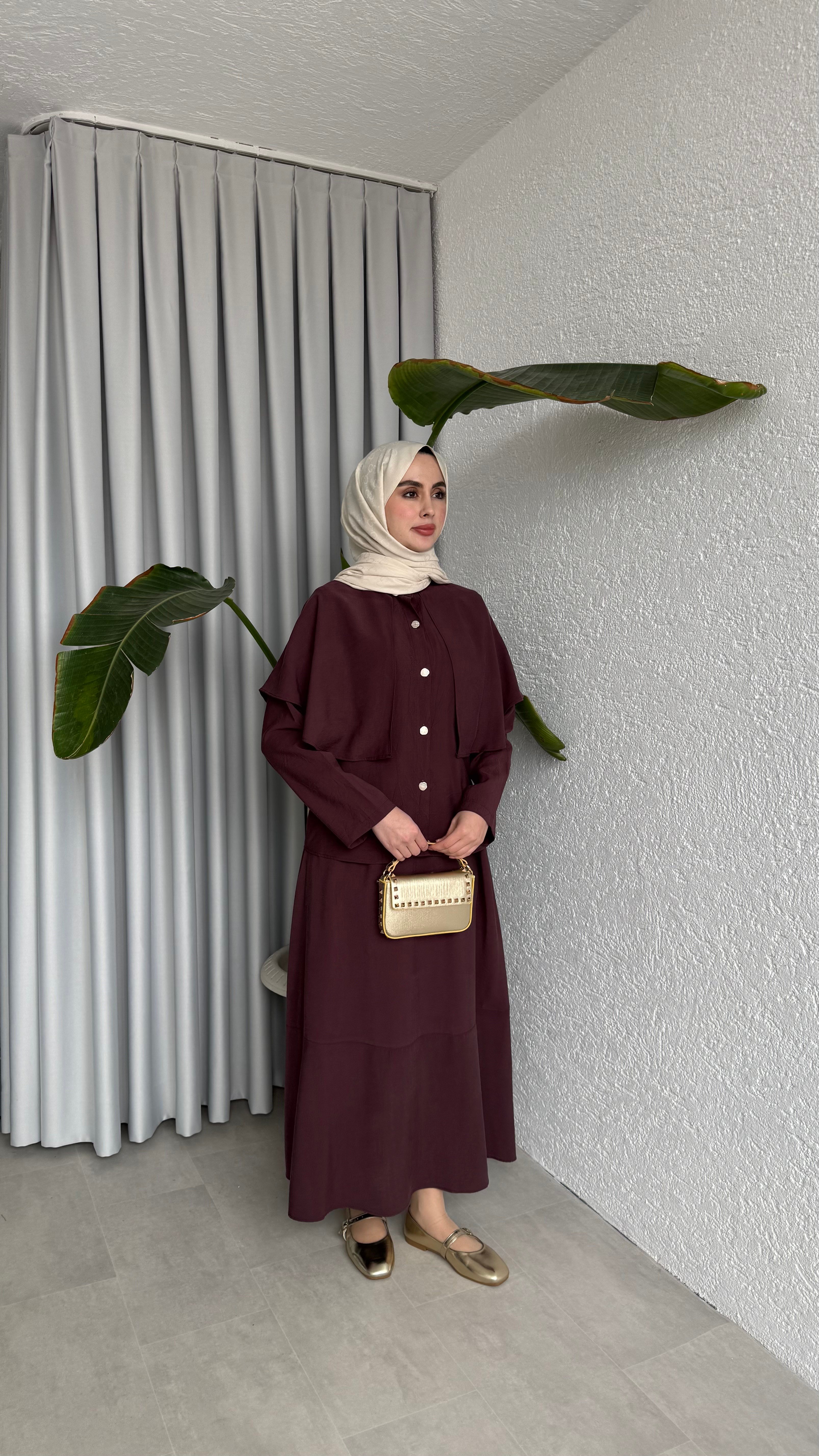 PELERİN DETAYLI ETEK TAKIM - MÜRDÜM