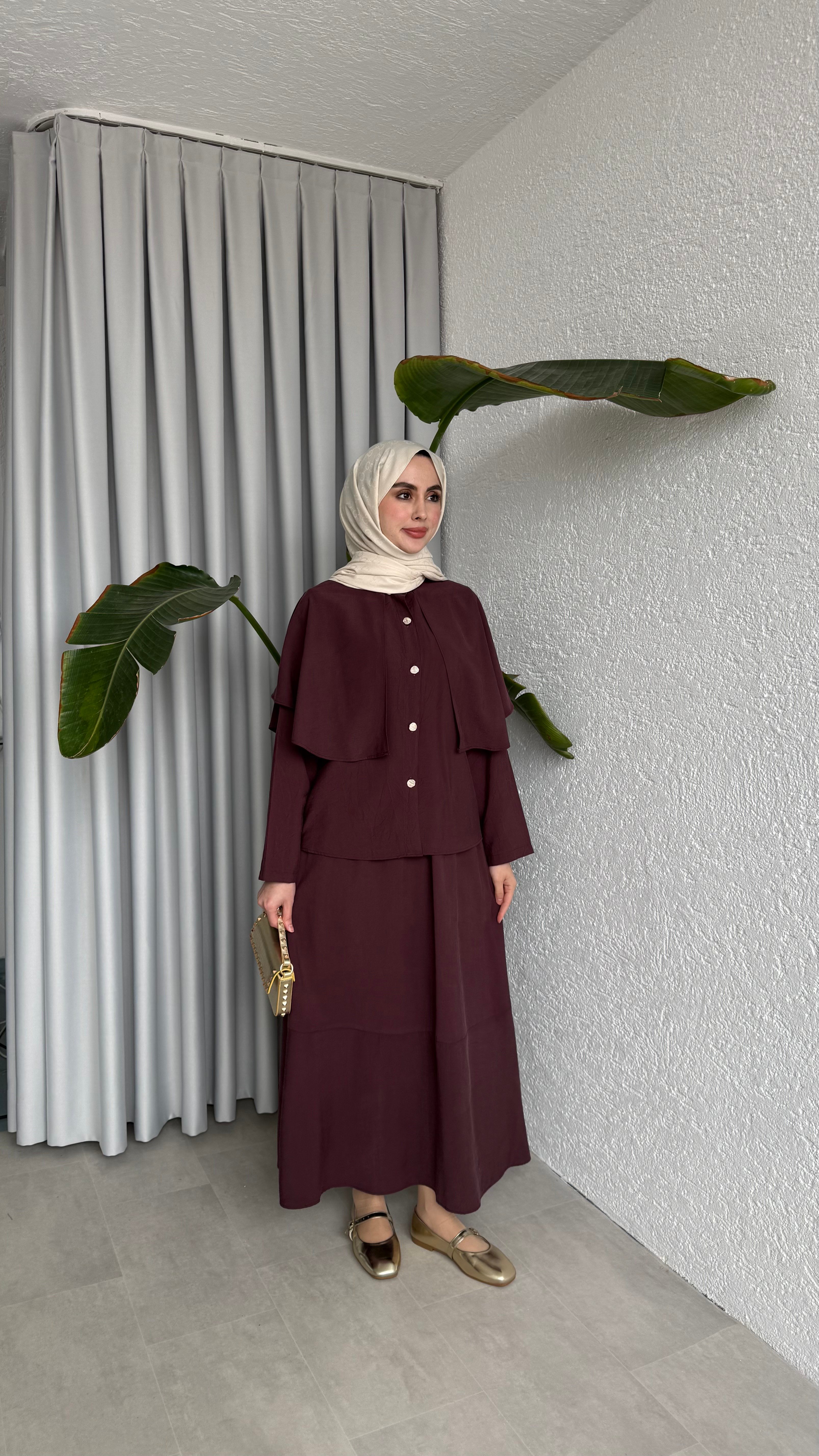 PELERİN DETAYLI ETEK TAKIM - MÜRDÜM