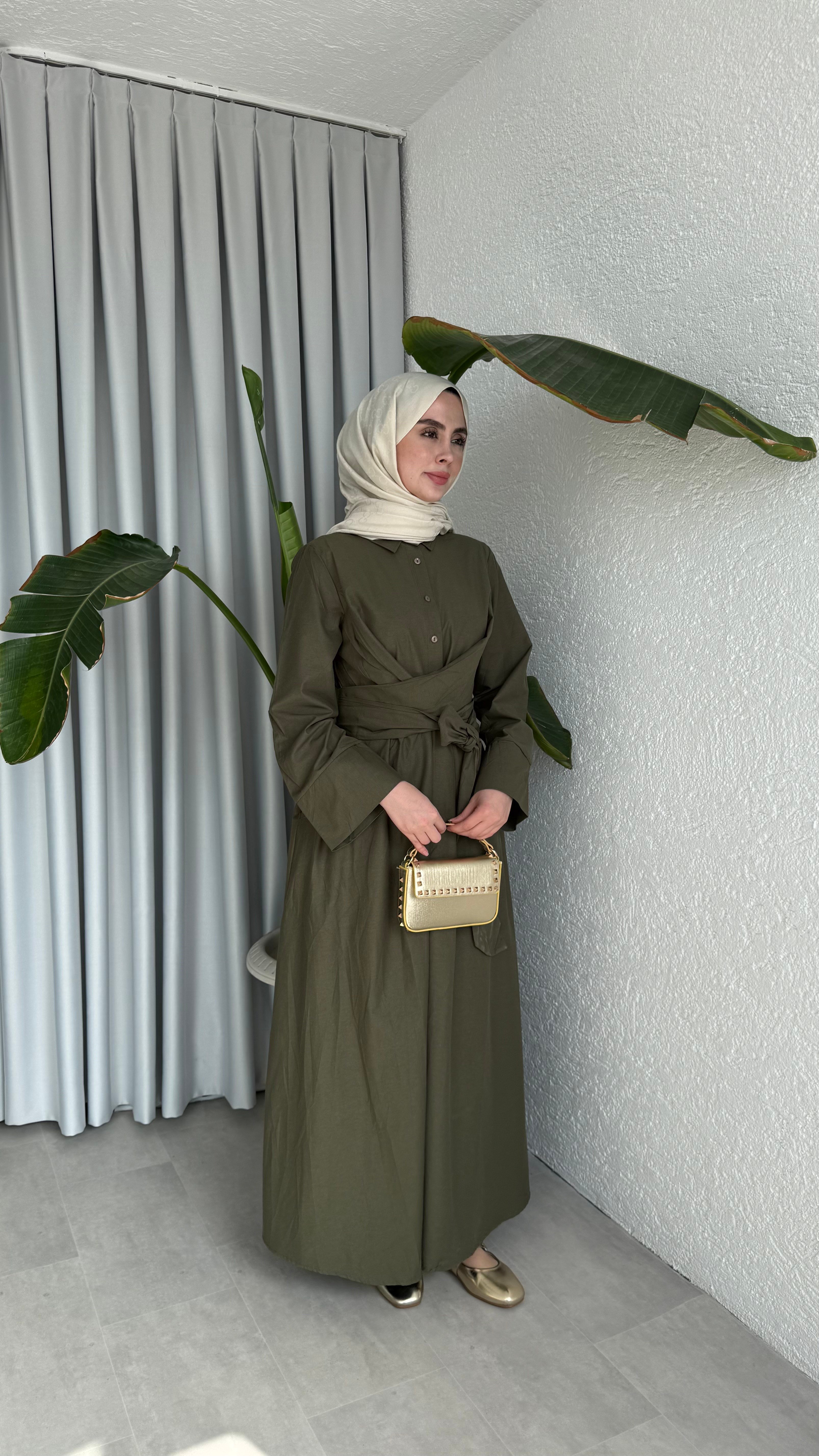 POLEEN BELDEN BAĞLAMALI ELBİSE - HAKİ
