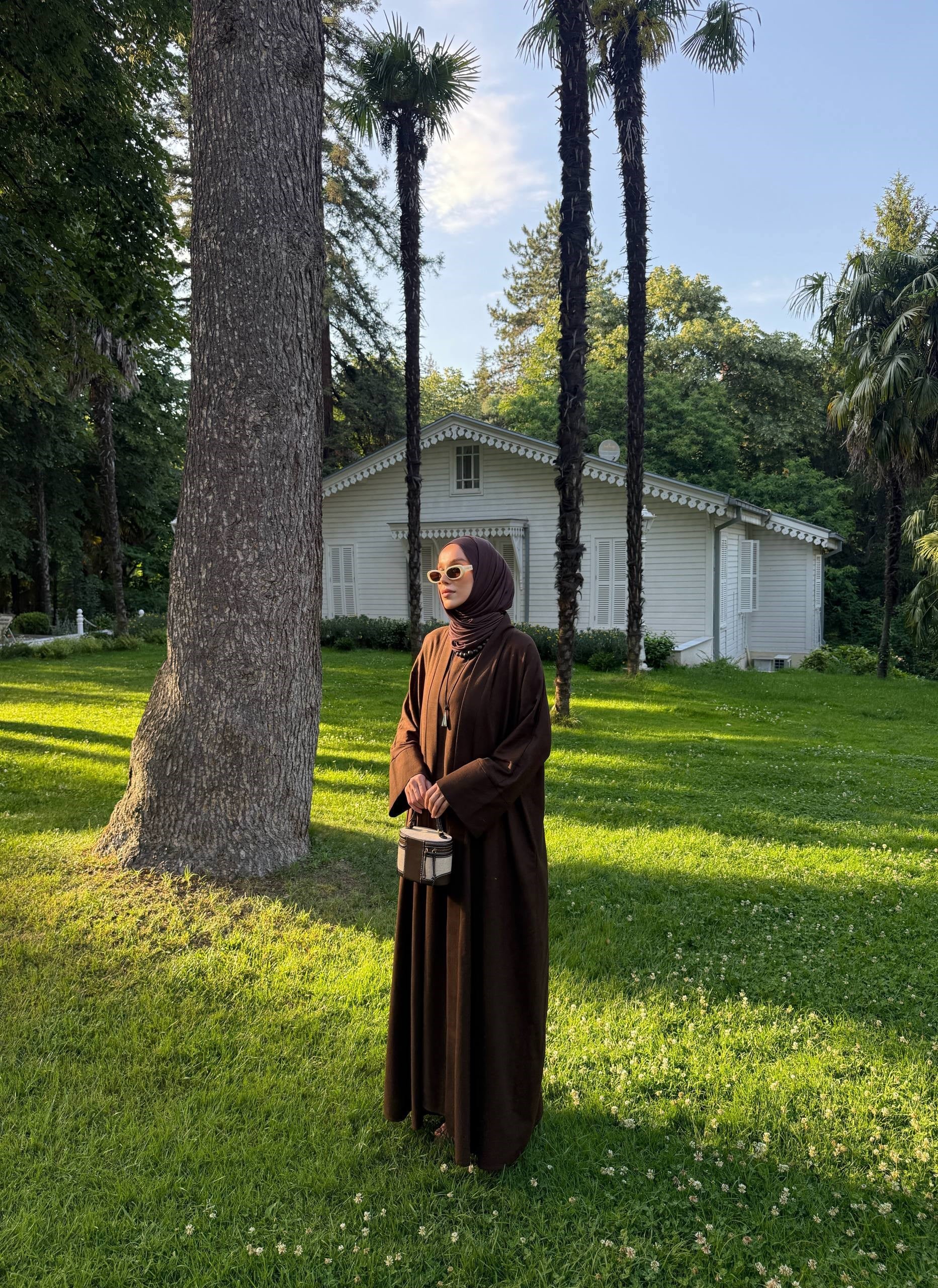 SAFA %100 KETEN ABAYA TAKIM -  KAHVE