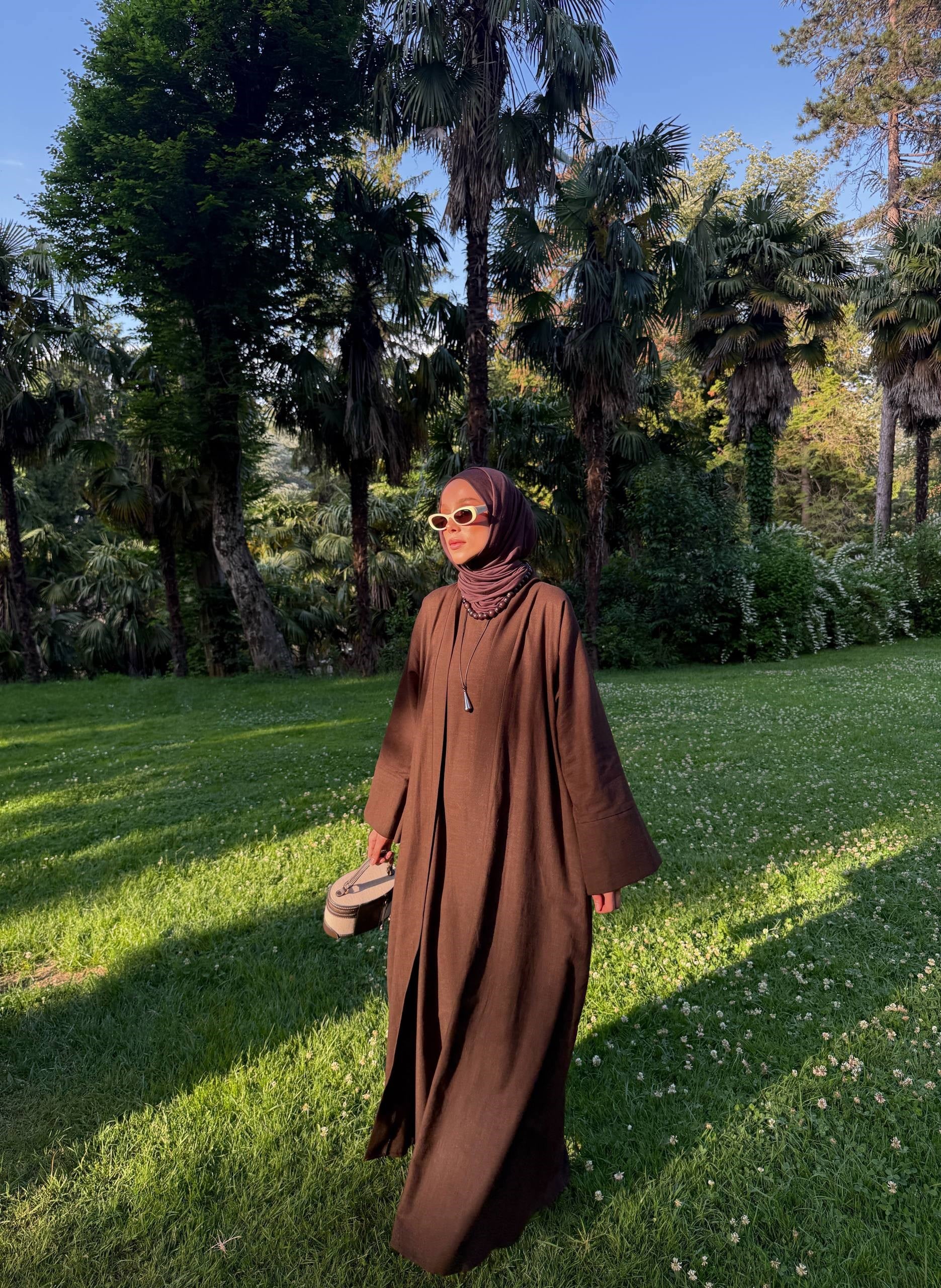 SAFA %100 KETEN ABAYA TAKIM -  KAHVE