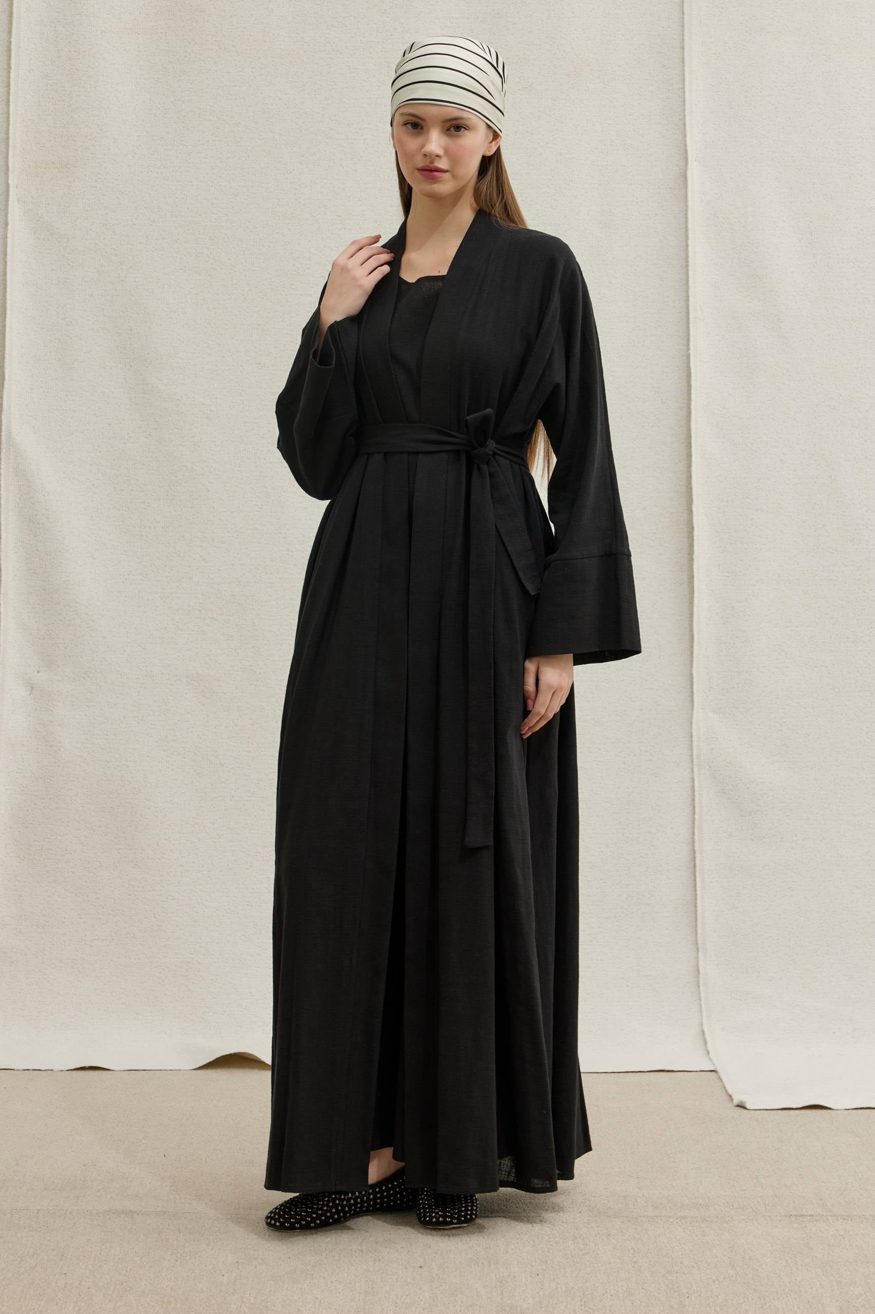 SAFA %100 KETEN ABAYA TAKIM -  SİYAH