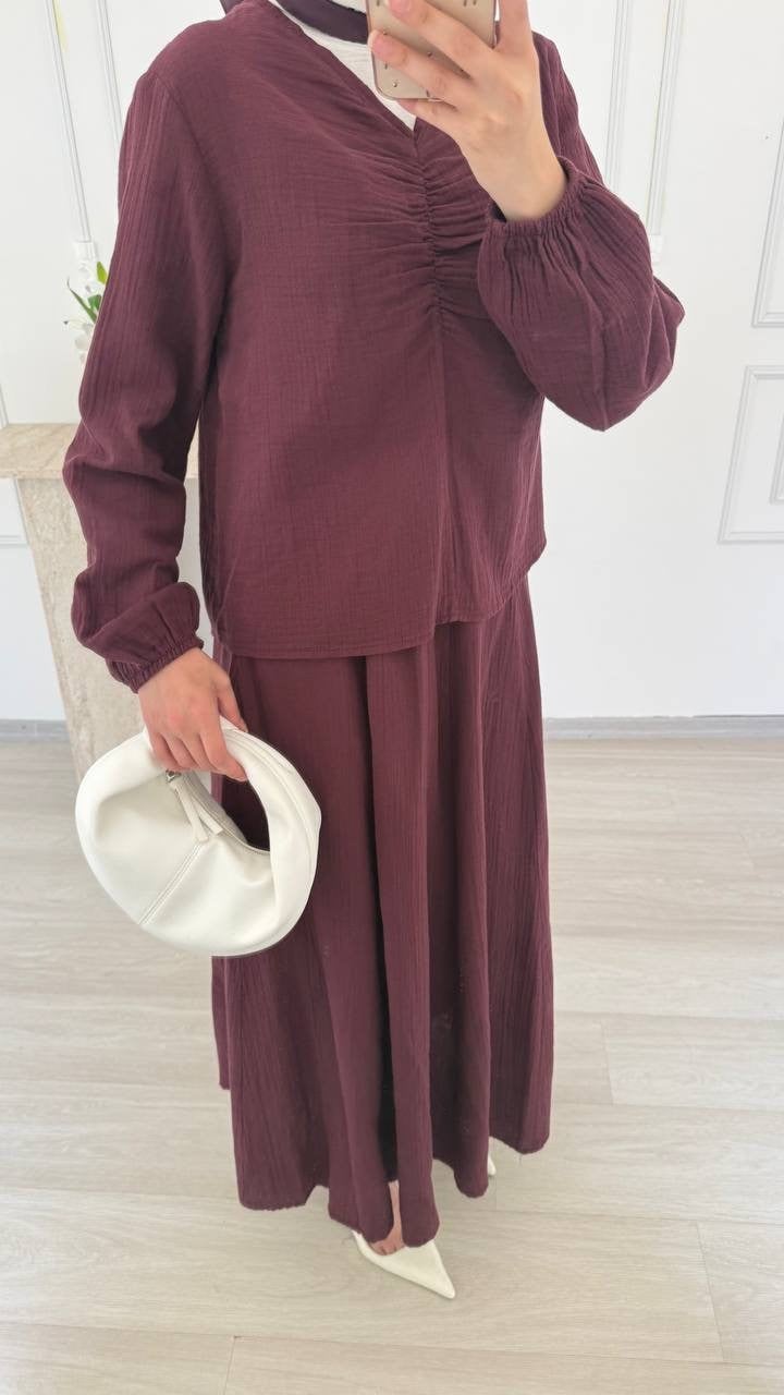 V YAKA MÜSLİN TAKIM - BORDO