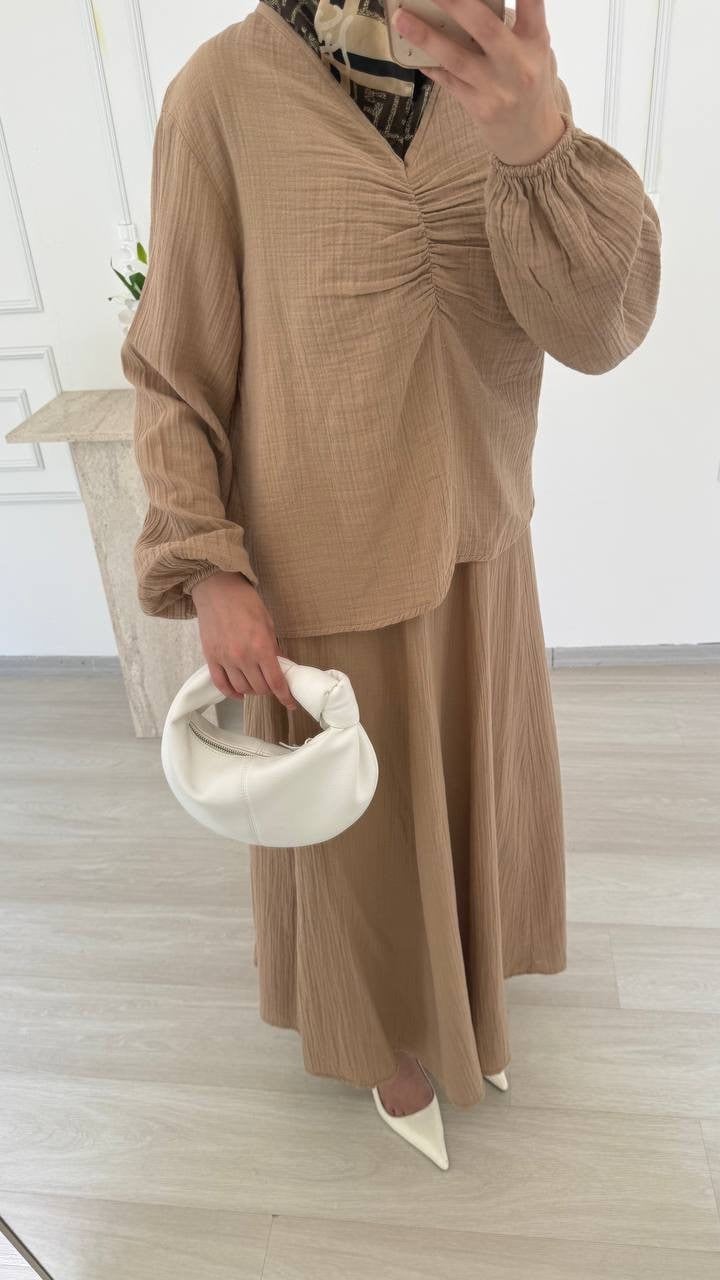 V YAKA MÜSLİN TAKIM - CAMEL