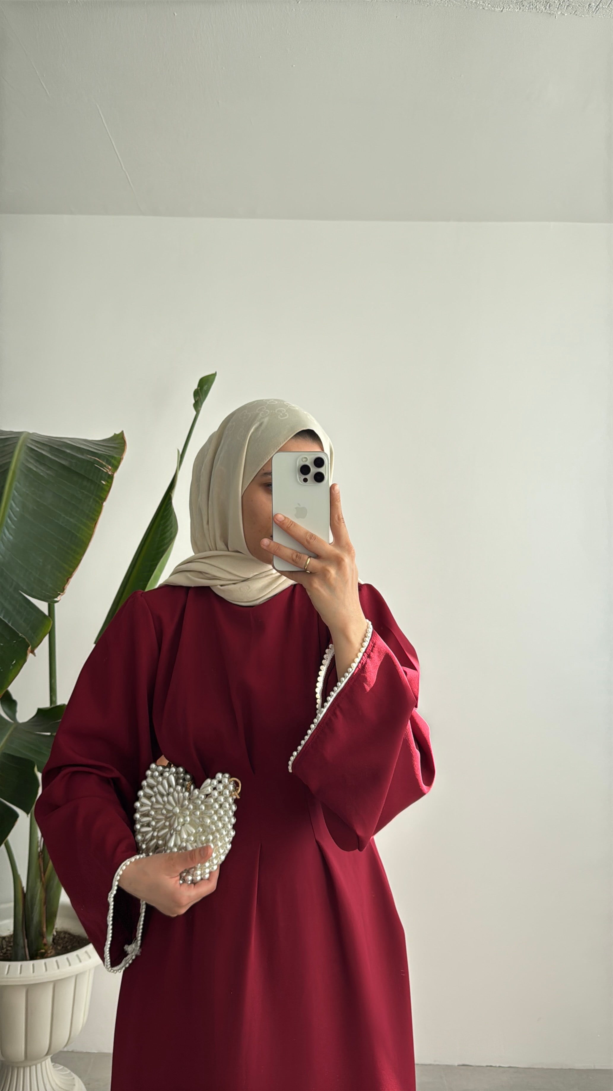 VANESA İNCİ DETAYLI ELBİSE - BORDO