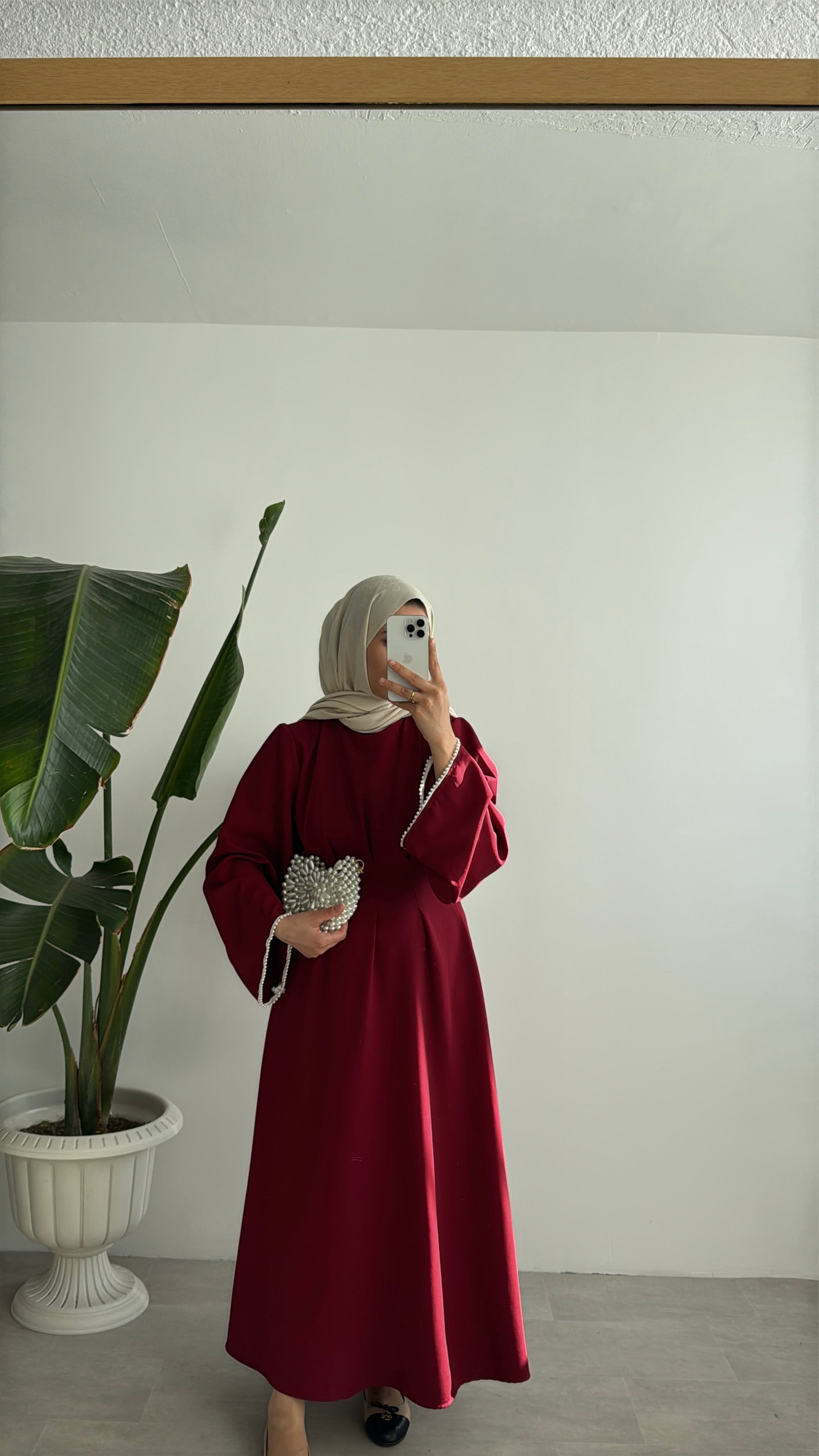 VANESA İNCİ DETAYLI ELBİSE - BORDO