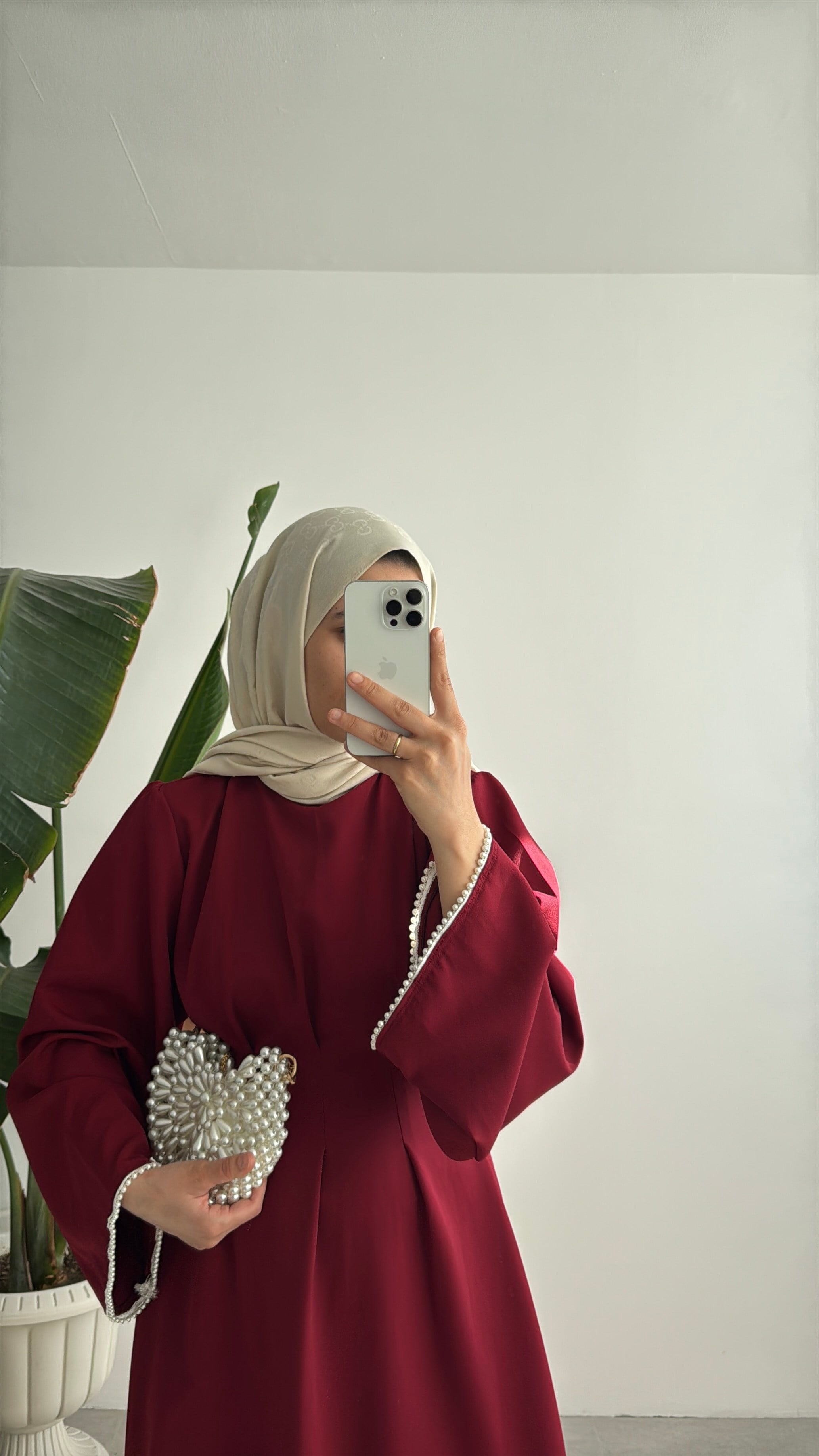 VANESA İNCİ DETAYLI ELBİSE - BORDO