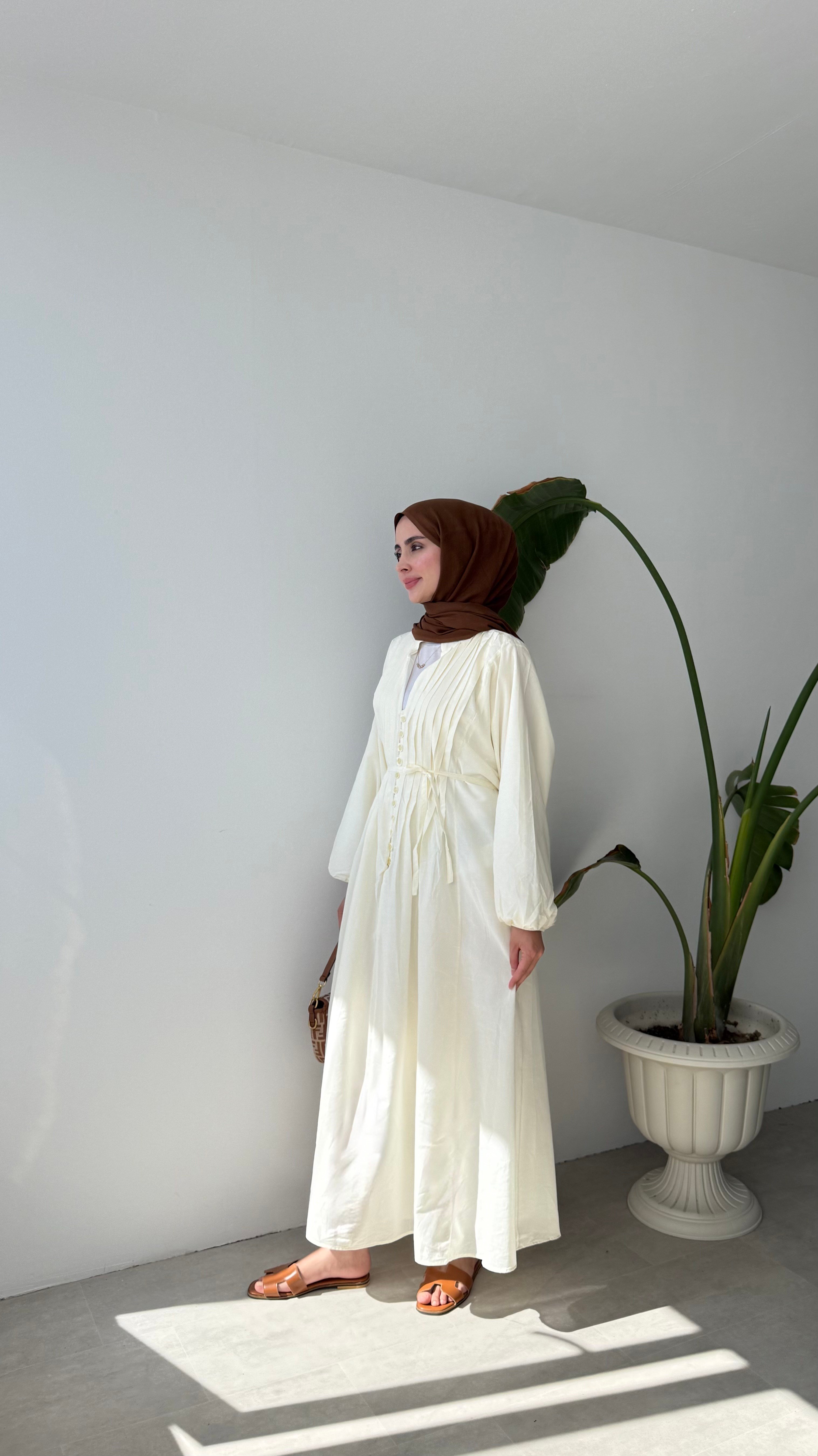 VUAL  ASTARLI PİLE ELBİSE - EKRU