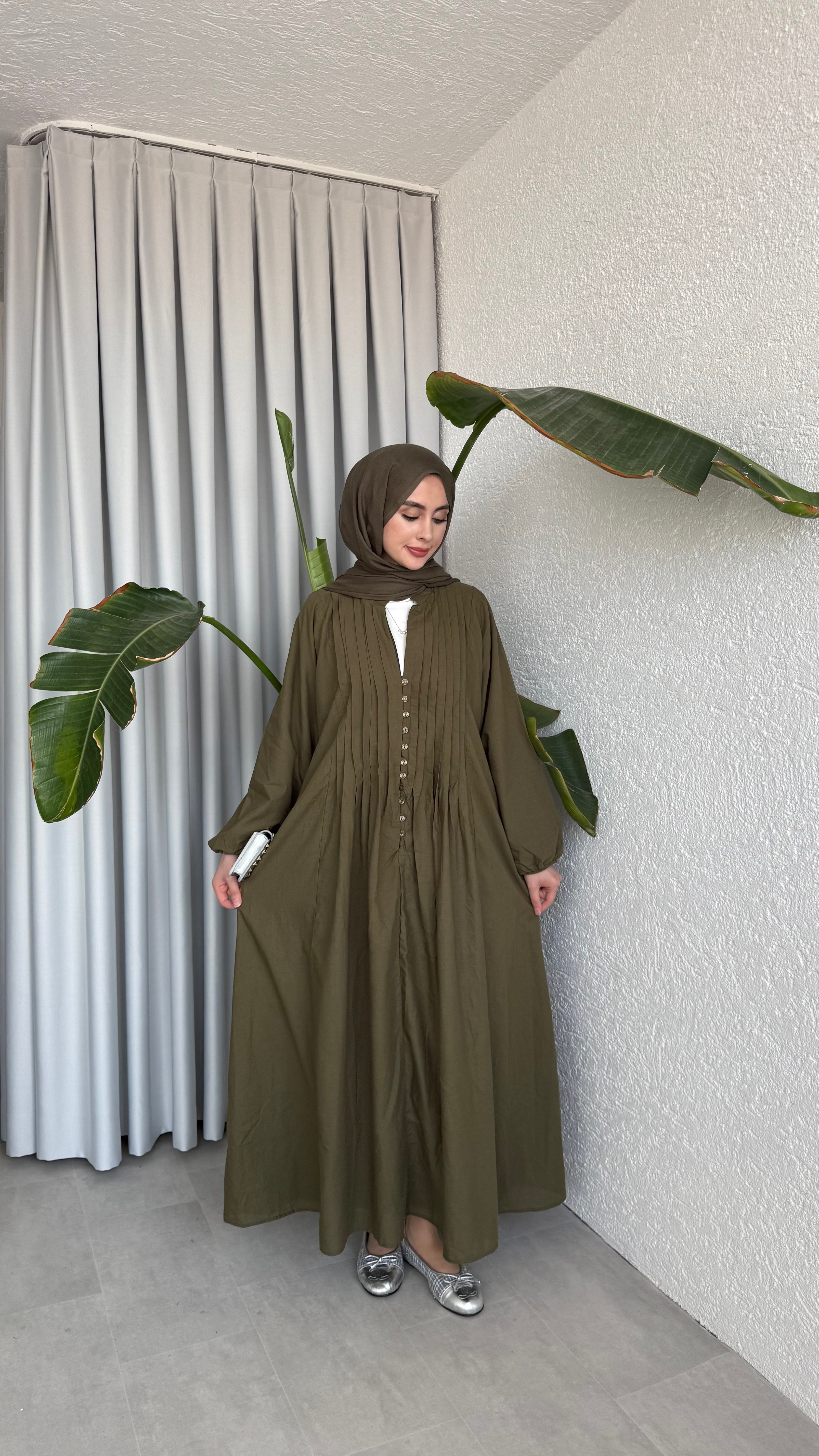 VUAL  ASTARLI PİLE ELBİSE - HAKİ 