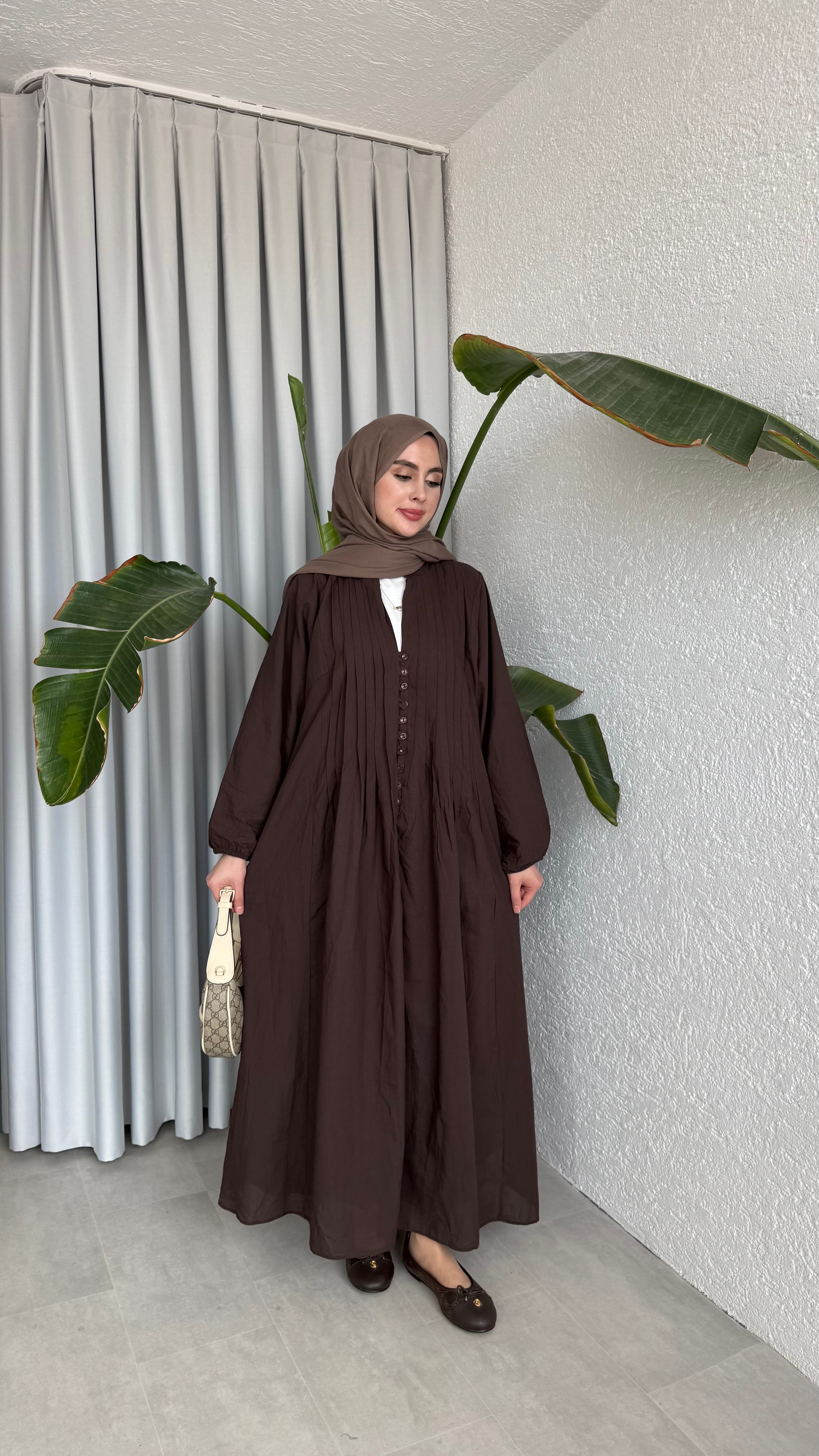 VUAL  ASTARLI PİLE ELBİSE - KAHVE
