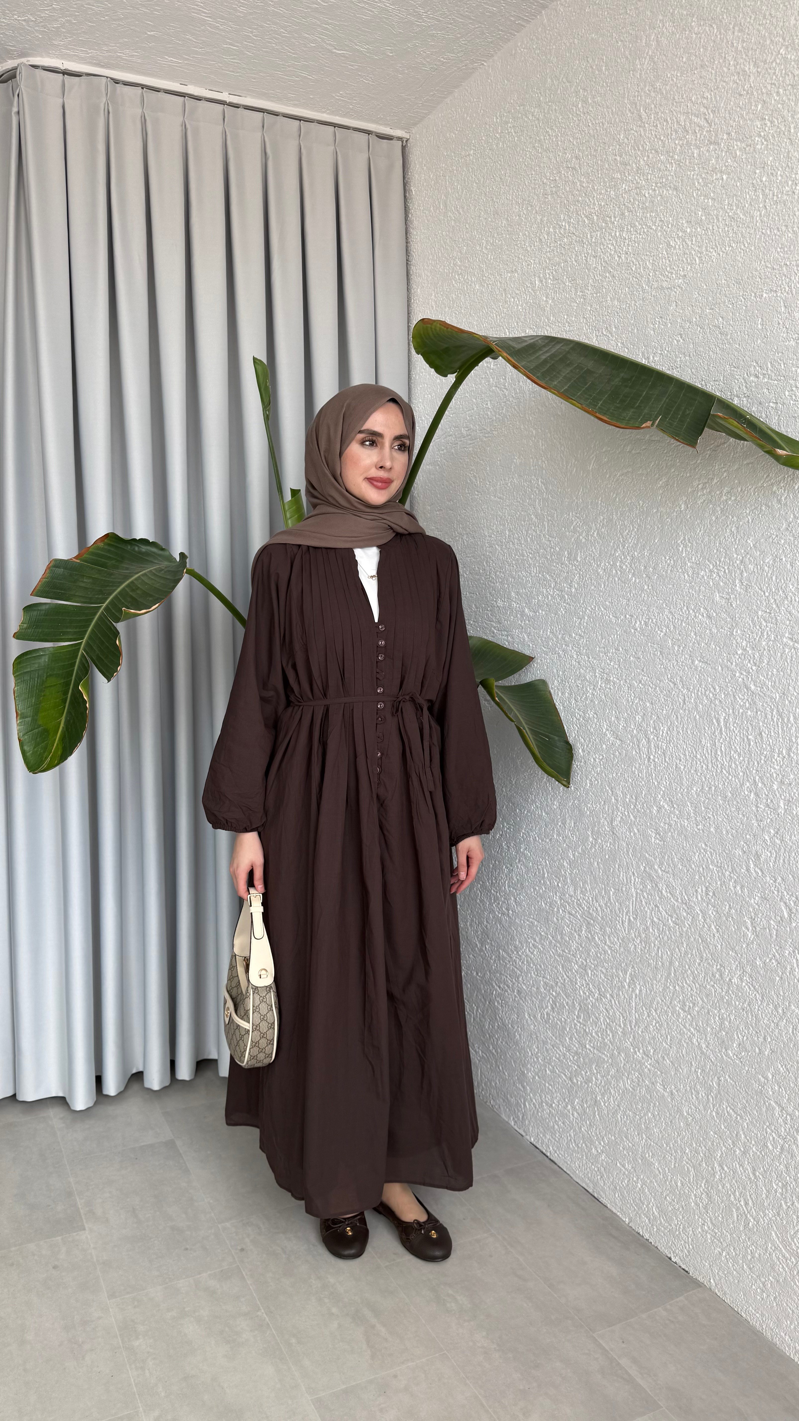 VUAL  ASTARLI PİLE ELBİSE - KAHVE