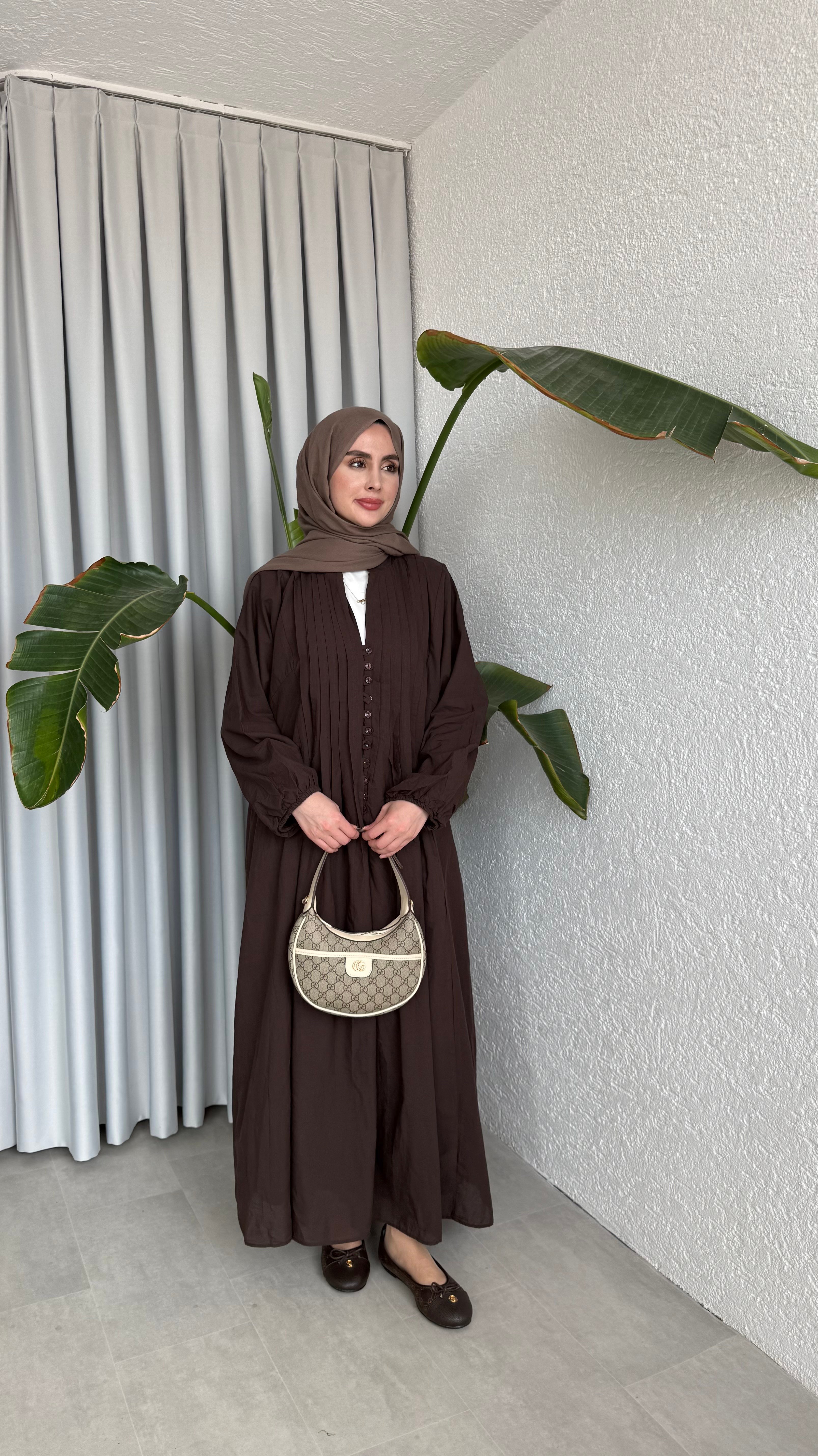VUAL  ASTARLI PİLE ELBİSE - KAHVE