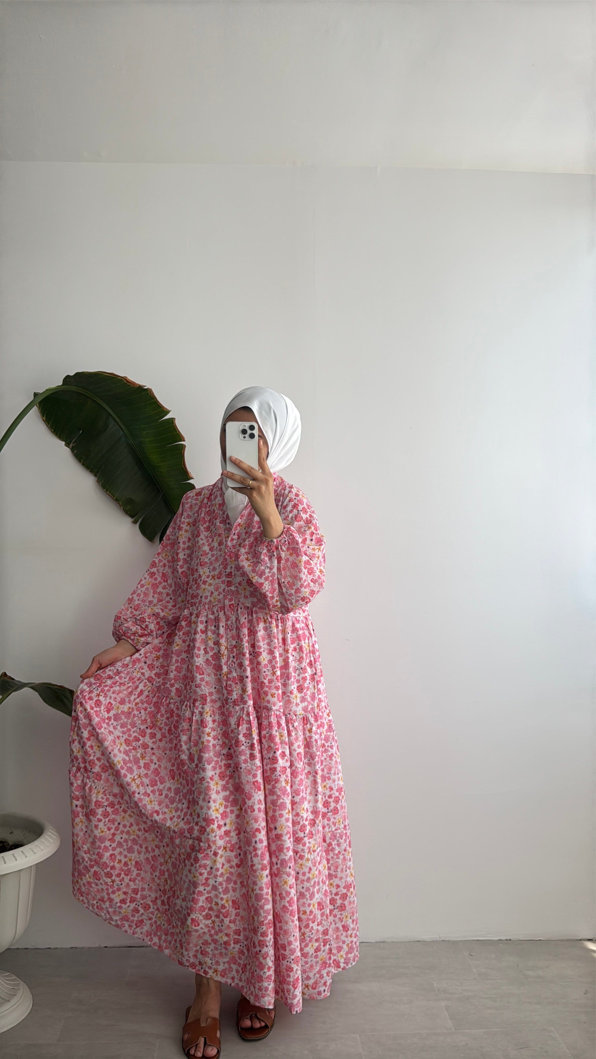 VUAL DESENLİ ELBİSE - PEMBE BAHAR