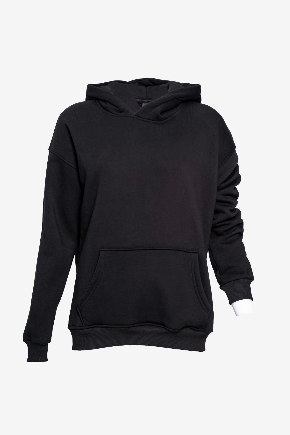  Unisex Kapüşonlu Cep Detaylı Üç İplik Sweatshirt - Siyah