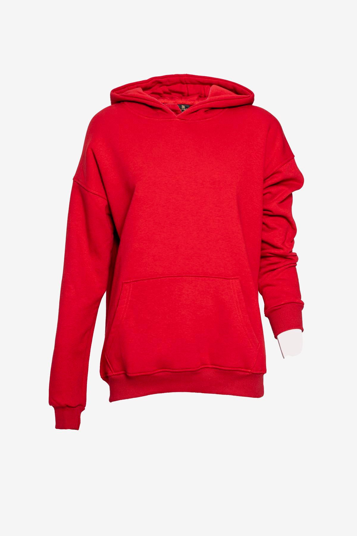  Unisex Kapüşonlu Cep Detaylı Üç İplik Sweatshirt - Kırmızı