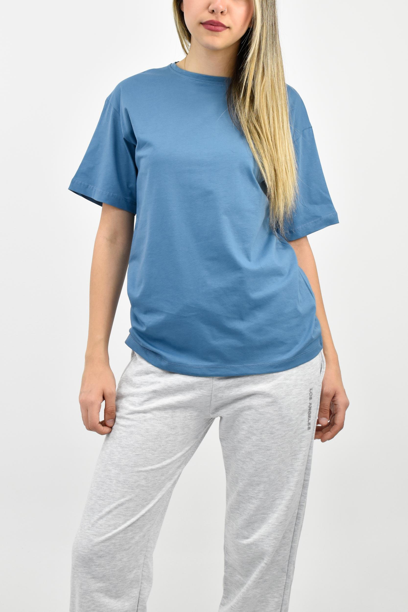 Bisiklet Yaka Oversize Basic Tişört - İndigo