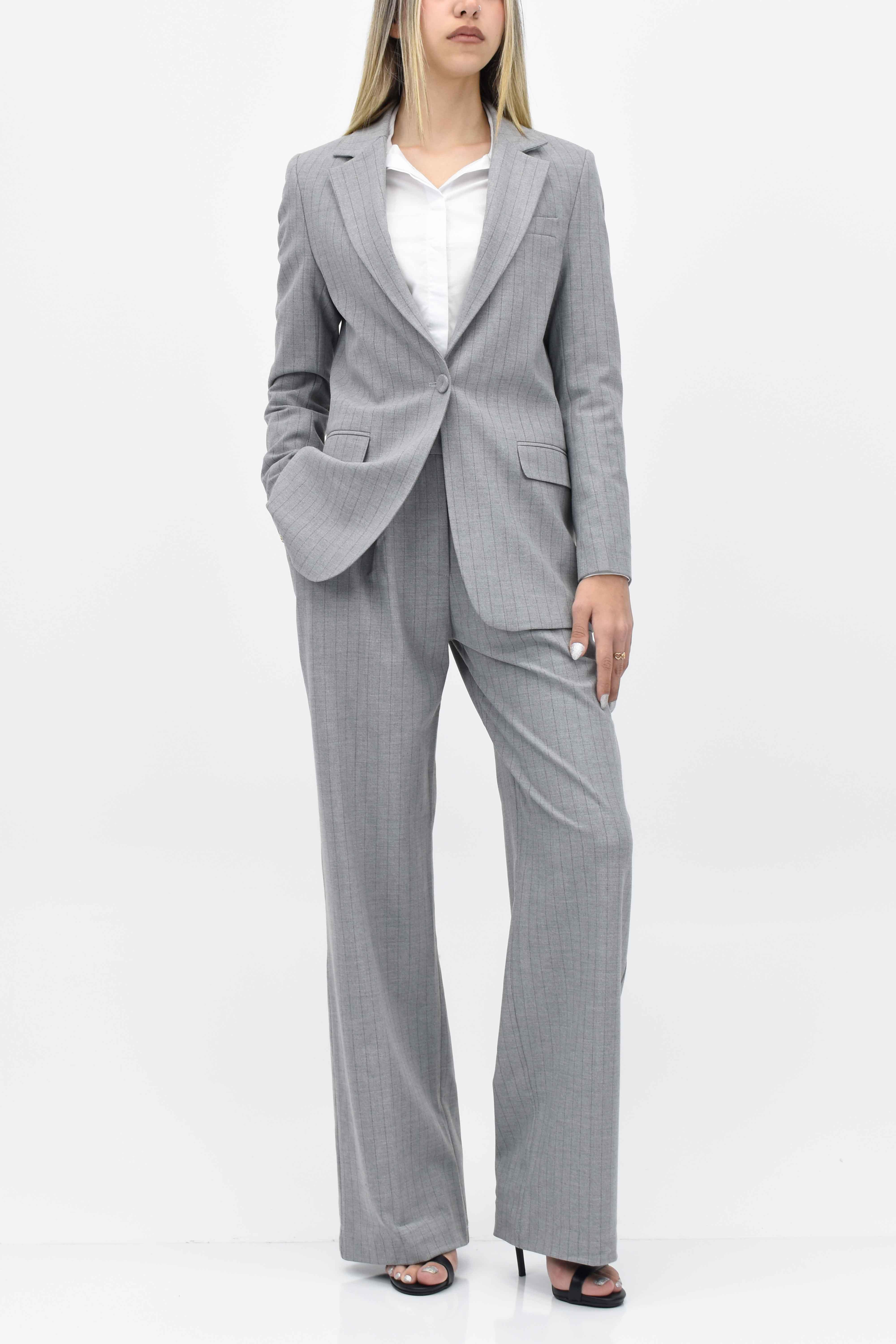 Çizgili Ceket Pantolon İkili Takım- Açık Gri