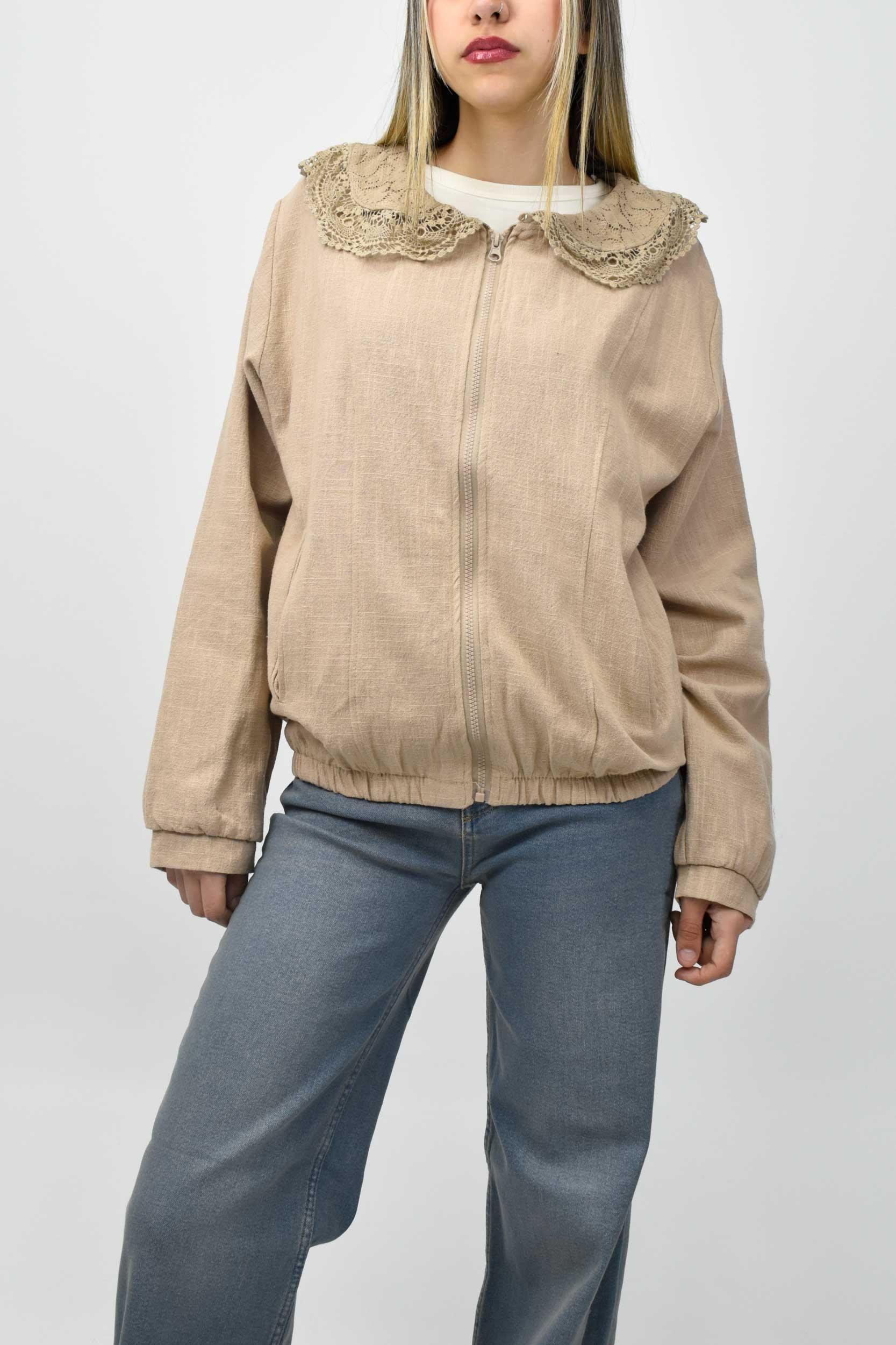 Dantel Yaka Keten Bomber Ceket - Bej