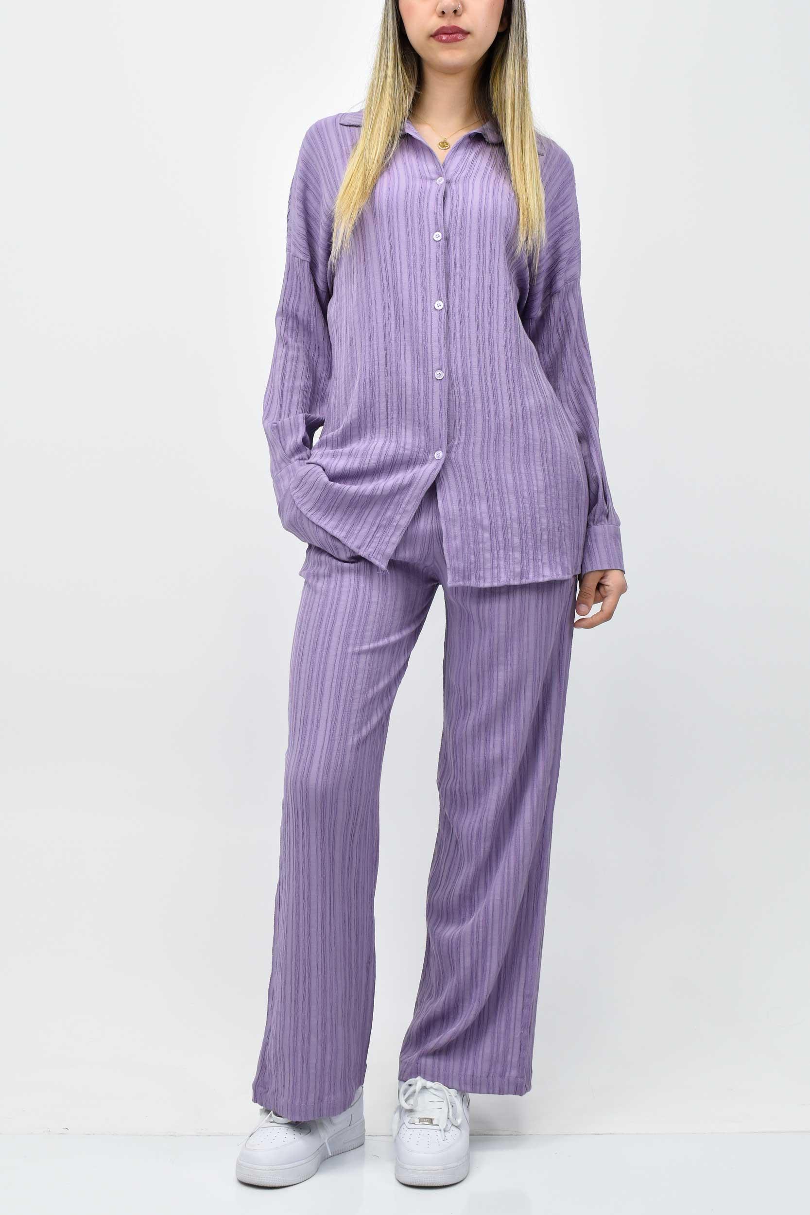 Gofre Yazlık Gömlek-Pantolon Takım - Lila