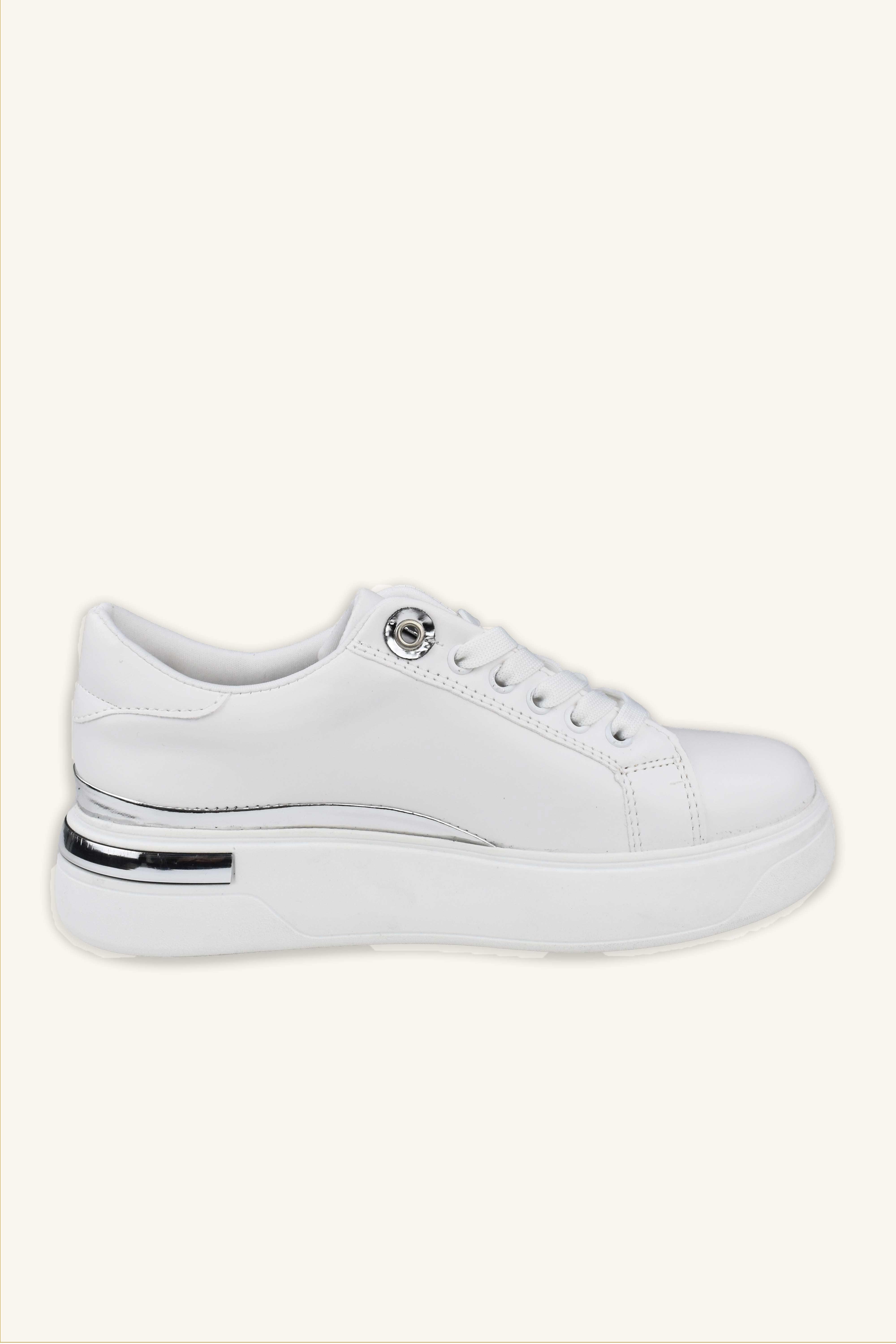 Kadın Gümüş Şerit Detaylı Deri Sneaker - Beyaz