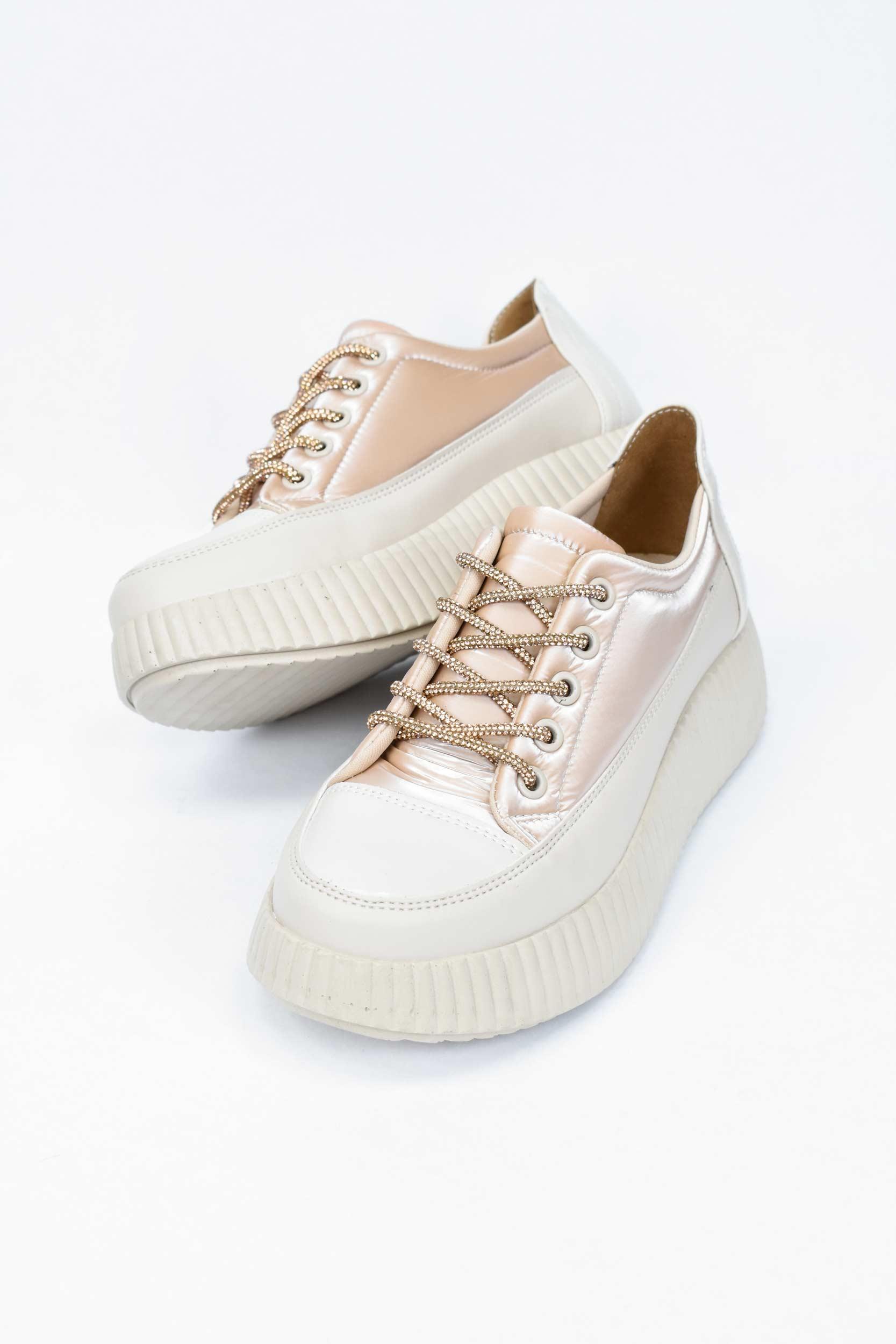 Kadın Taşlı Bağcıklı Rugan Sneaker- Bej