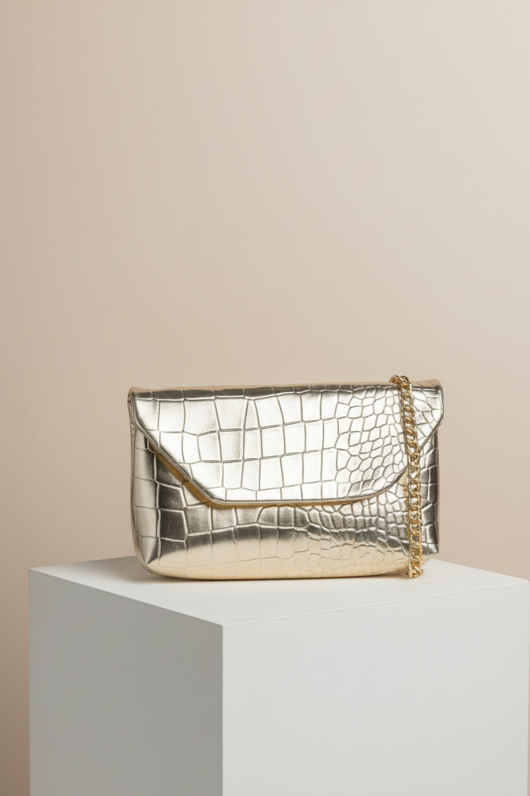 Kadın Timsah Desen Zincirli Baget El ve Omuz Çantası - Gold