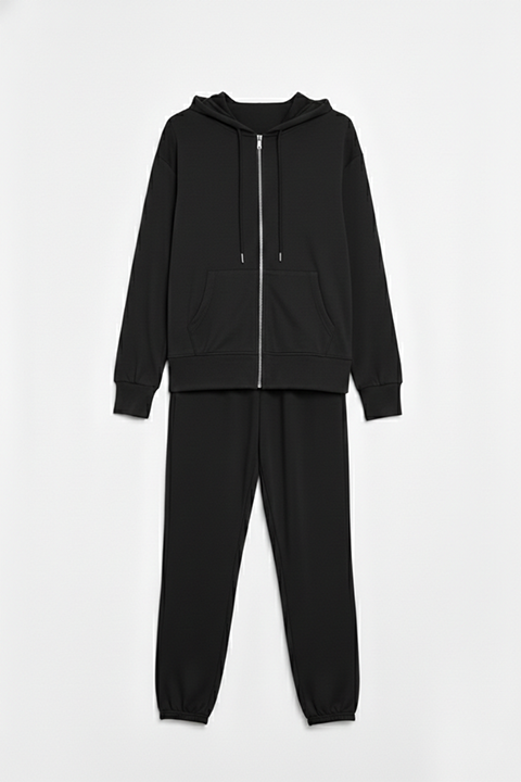 Kapüşonlu Fermuarlı Modal Kumaş Eşofman Takımı –Siyah
