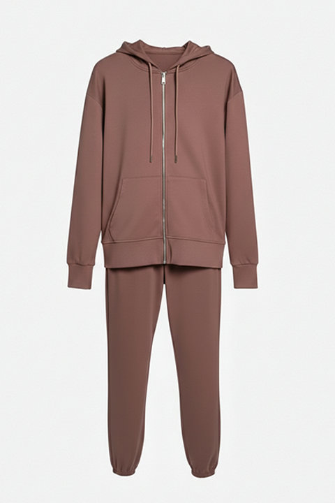 Kapüşonlu Fermuarlı Modal Kumaş Eşofman Takımı –Kahve