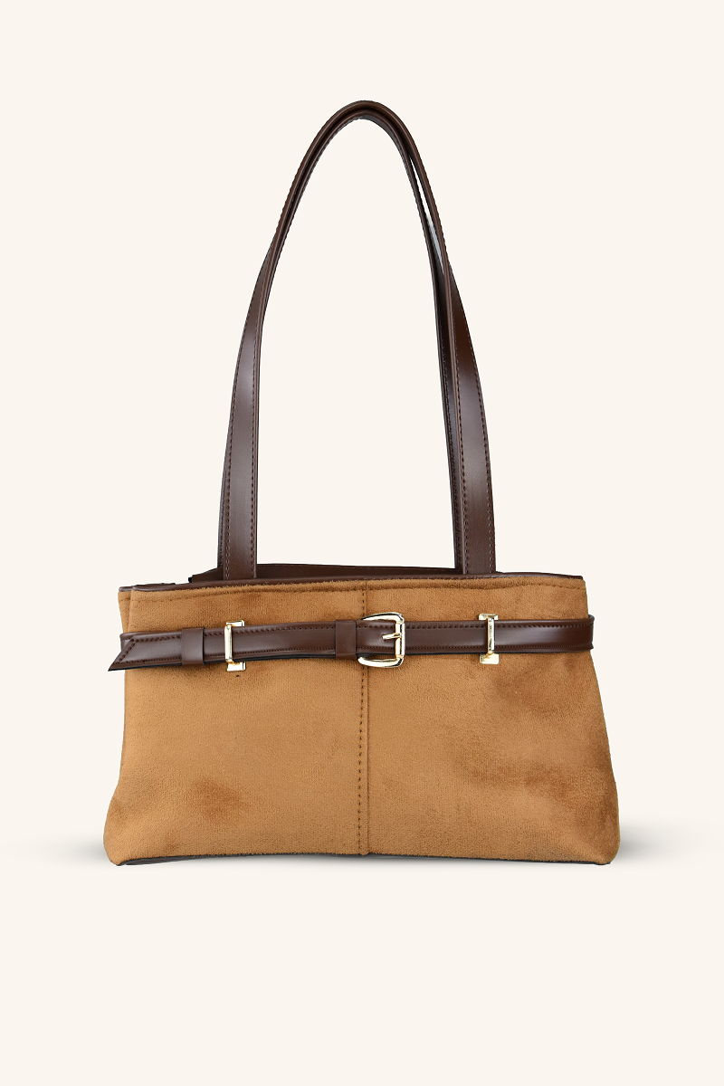 Kemer Detaylı Süet El ve Omuz Çantası - Taba