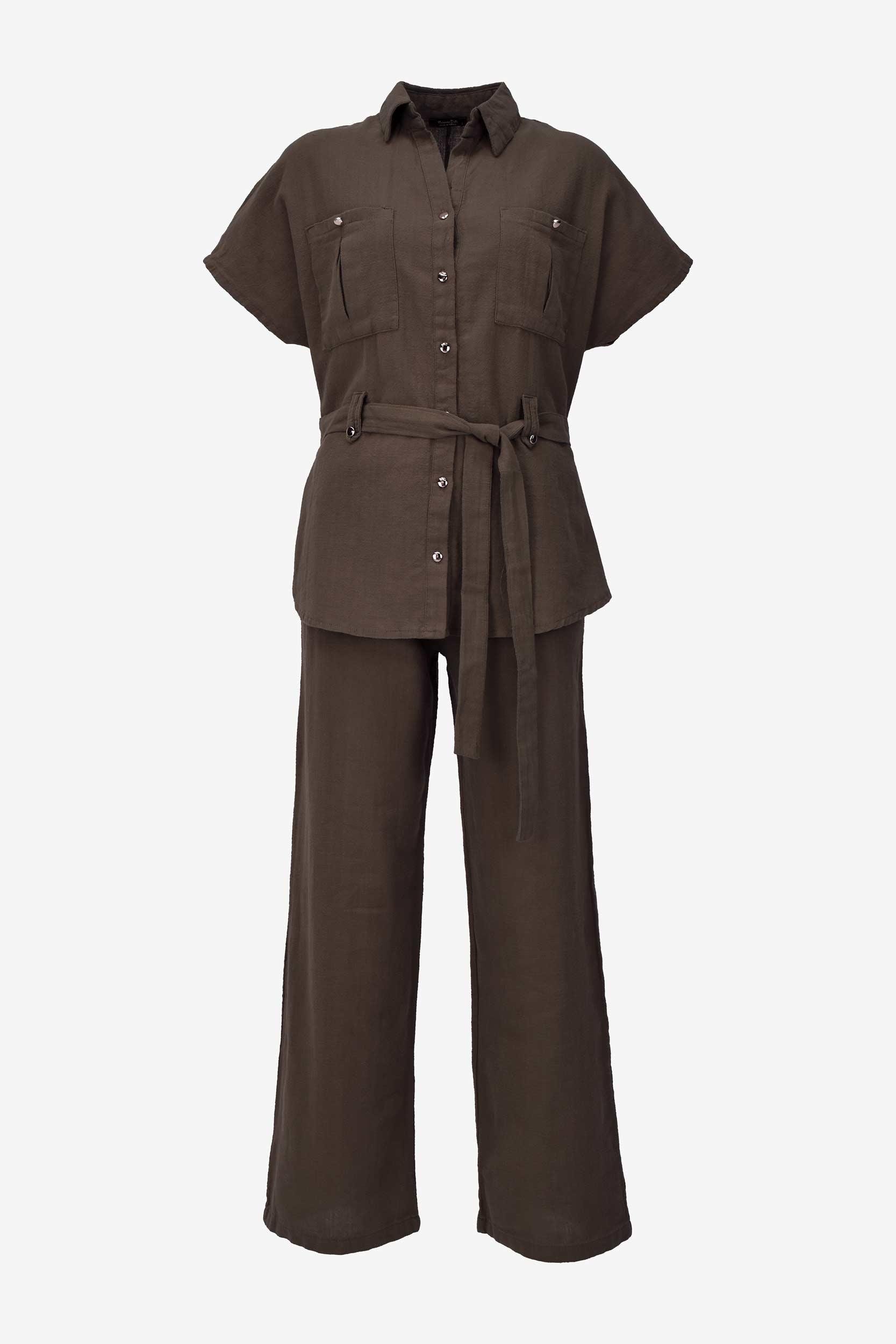 Keten Kuşaklı Gömlek Pantolon Takım - Acı Kahve