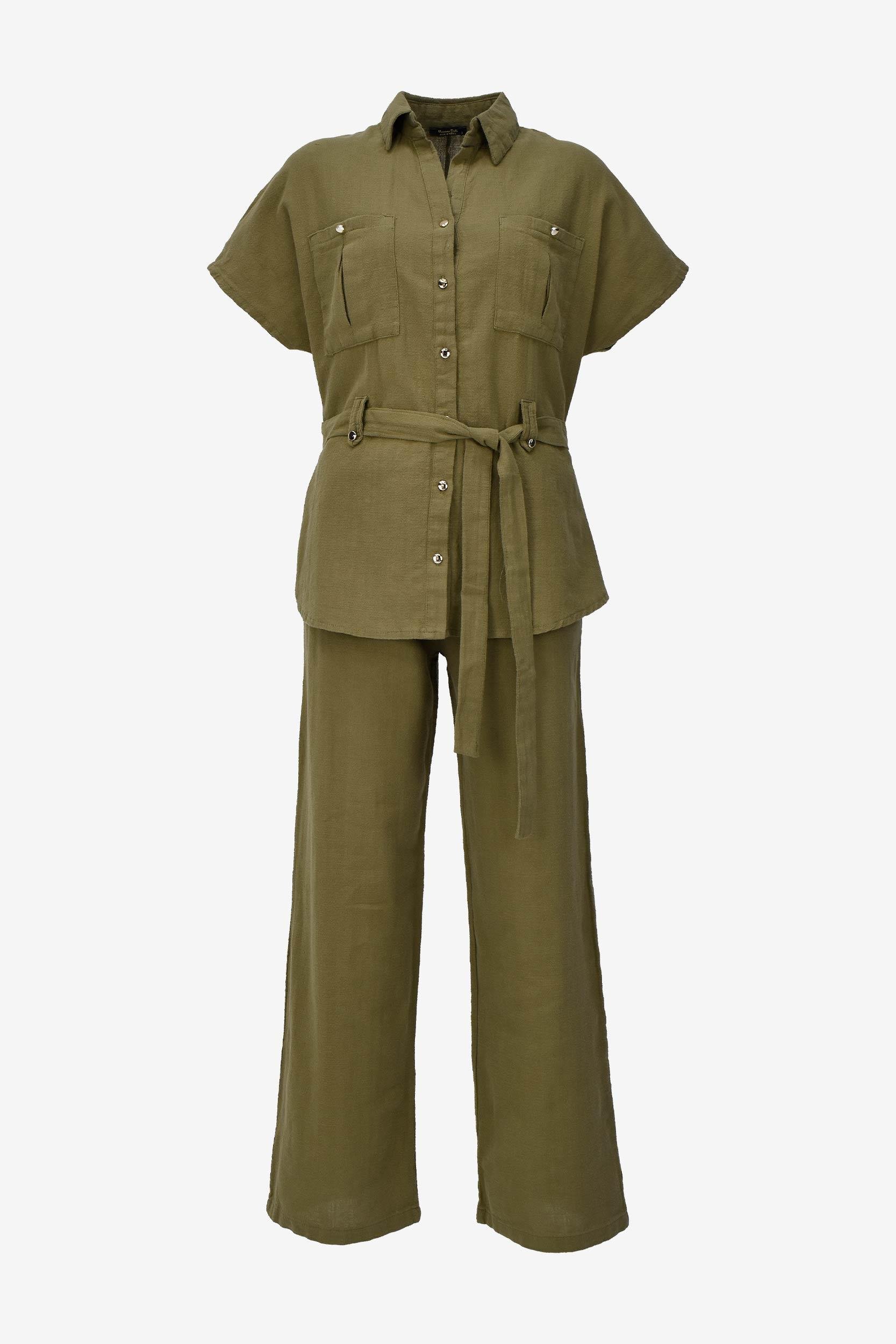 Keten Kuşaklı Gömlek Pantolon Takım - Haki