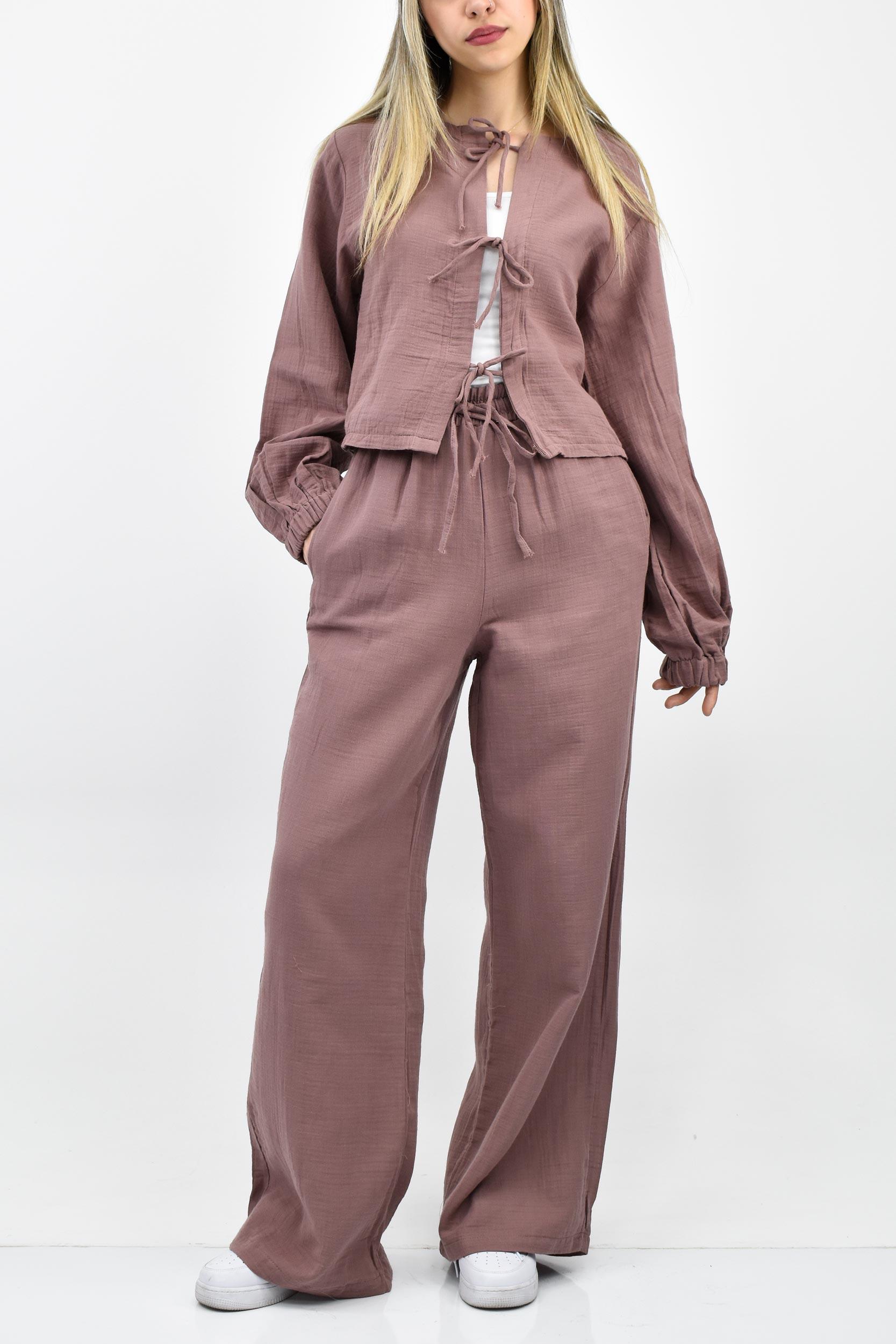 Müslin Keten Görünümlü Bağlamalı İkili Takım- Gül Kurusu