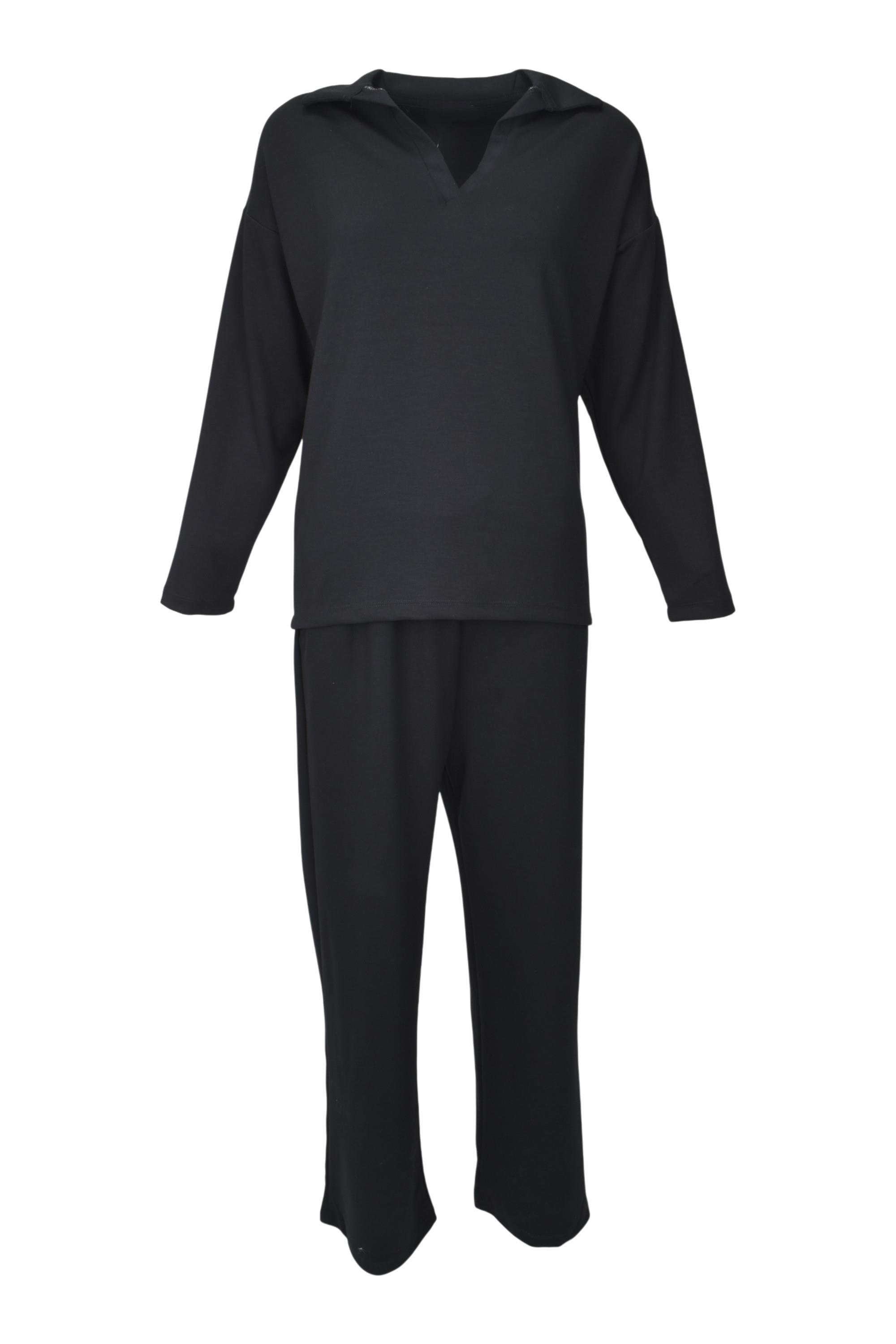 Rahat Kalıp Polo Yaka Modal Kumaş Uzun Kollu Eşofman Takımı  - Siyah