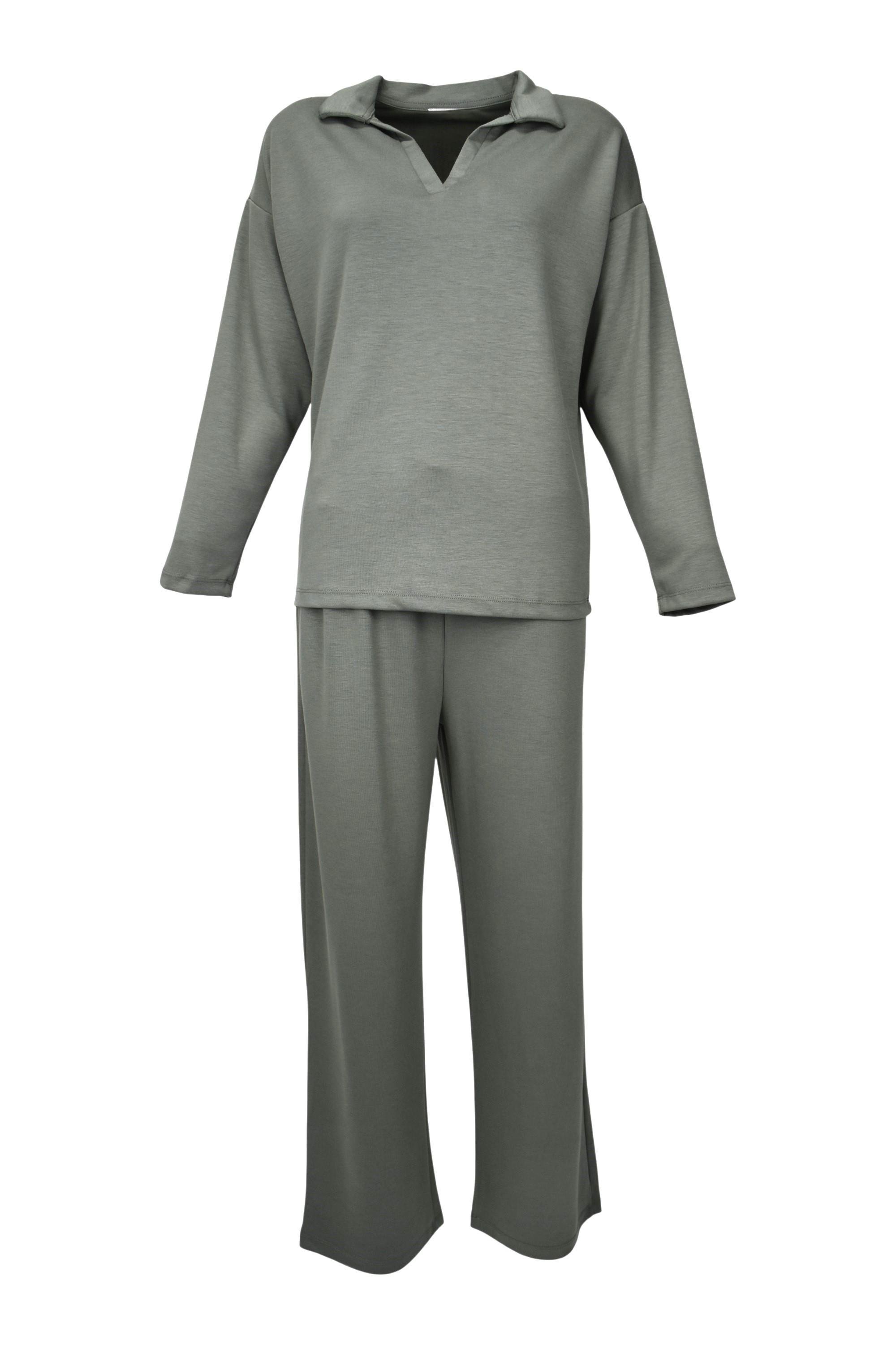 Rahat Kalıp Polo Yaka Modal Kumaş Uzun Kollu Eşofman Takımı  - Yeşil