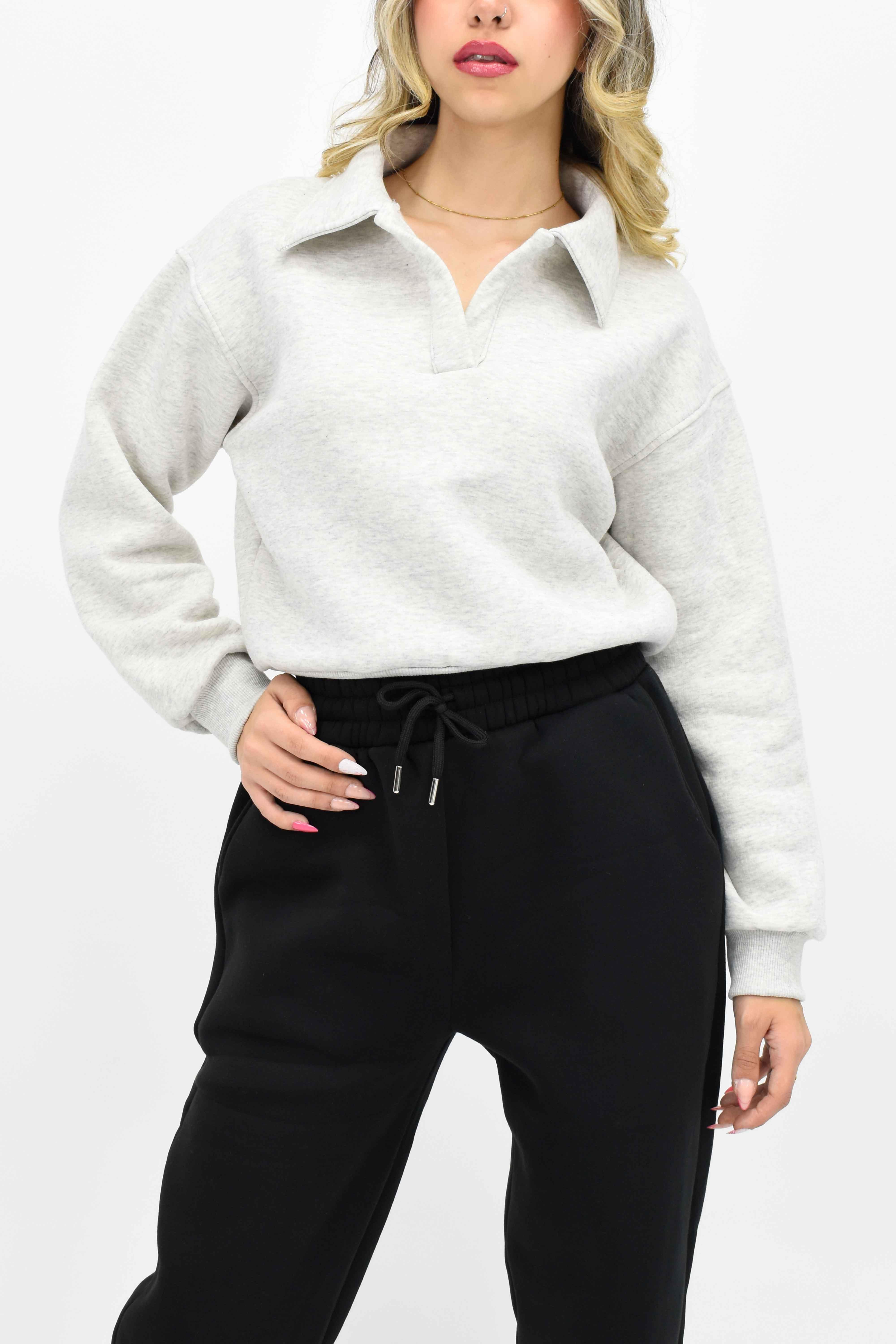 Yakalı Kısa Sweatshirt - Gri