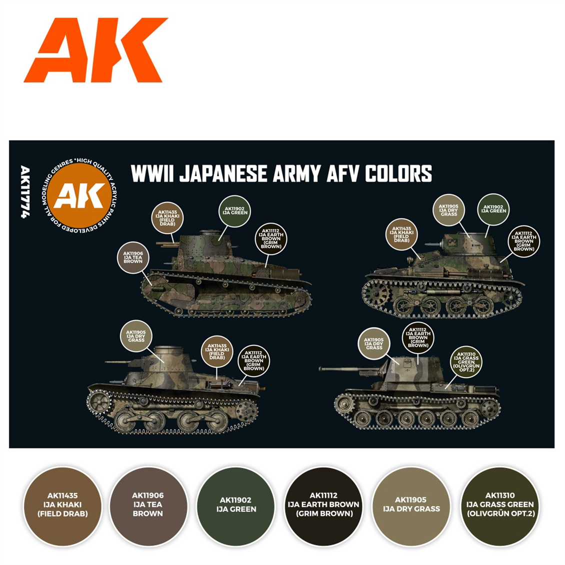 AK 11774 6x17 ml. WWII Japon Ordusu AFV Renkleri, Akrilik 3GEN Model Boyası Seti