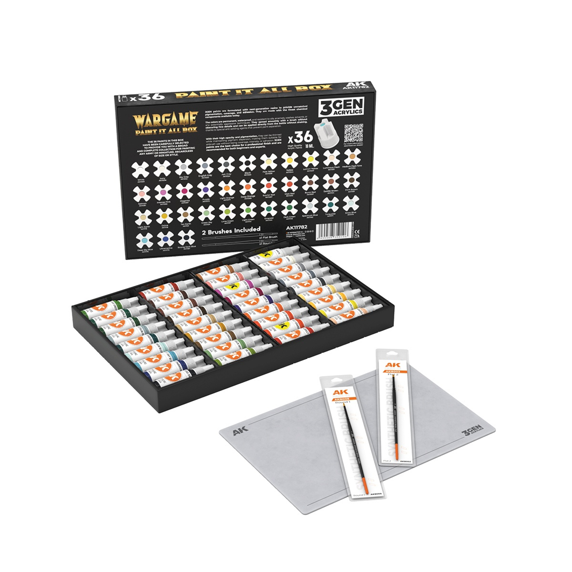 AK 11782 36x17 ml. Wargame Boyaları, 2xSentetik Fırça ve A4 Silikon Ped, Akrilik 3GEN Wargame Model Boyası Seti