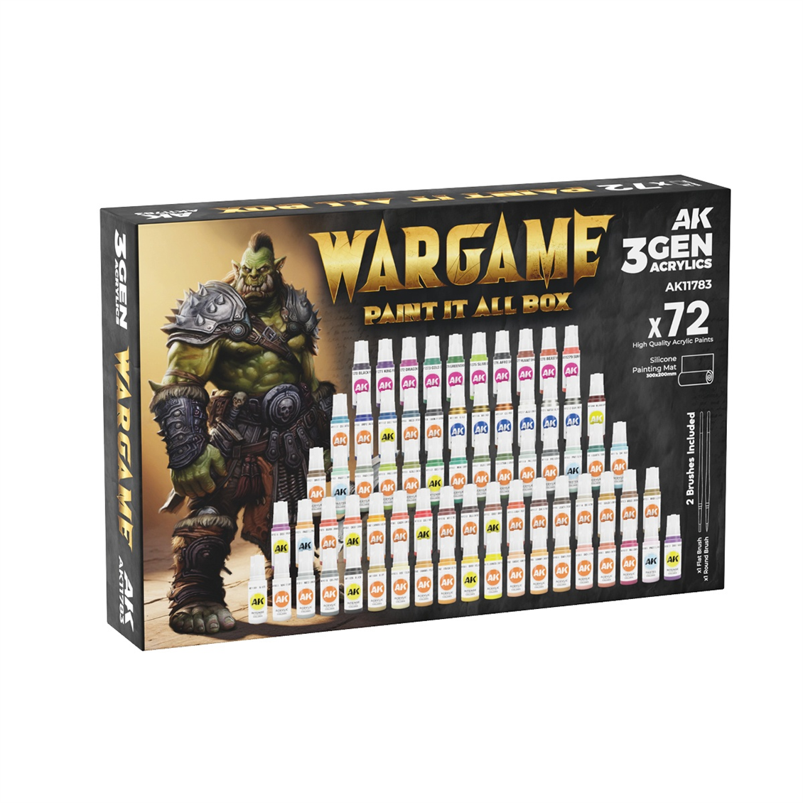 AK 11783 72x17 ml. Wargame Boyaları, 2xSentetik Fırça ve A4 Silikon Ped, Akrilik 3GEN Wargame Model Boyası Seti