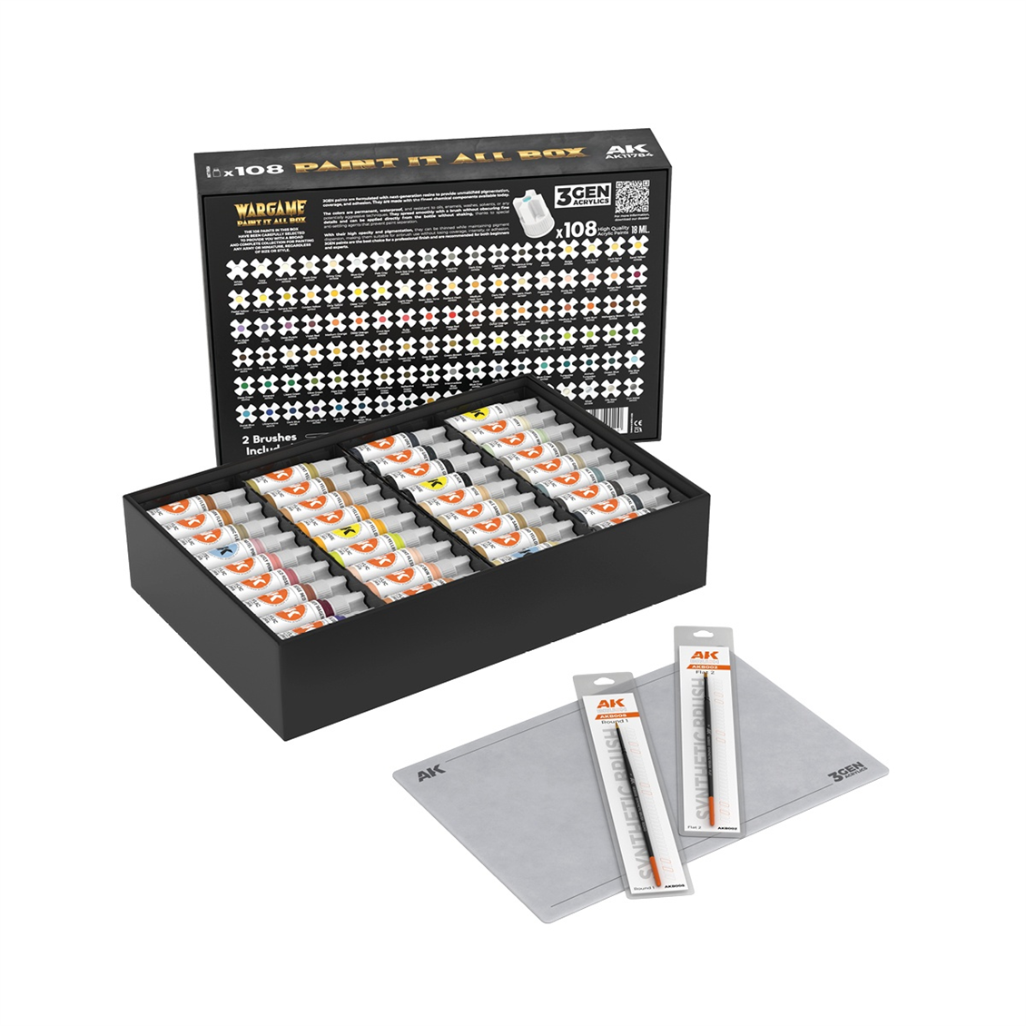 AK 11784 108x17 ml. Wargame Boyaları, 2xSentetik Fırça ve A4 Silikon Ped, Akrilik 3GEN Wargame Model Boyası Seti