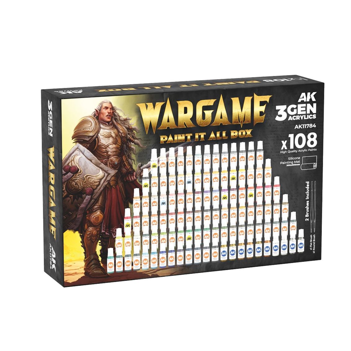 AK 11784 108x17 ml. Wargame Boyaları, 2xSentetik Fırça ve A4 Silikon Ped, Akrilik 3GEN Wargame Model Boyası Seti