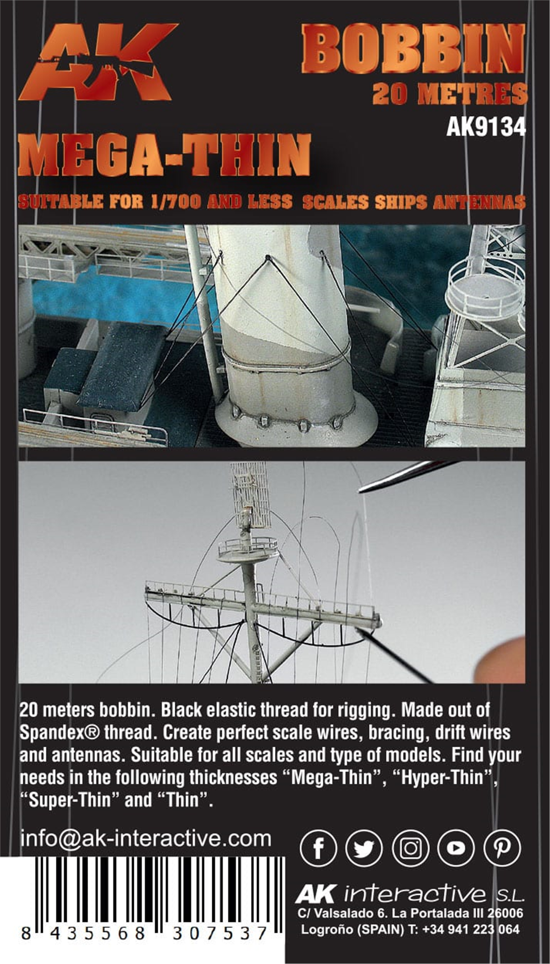 AK 9134 Ultra İnce 0,020 mm. Elastik Tel, 1/700 Gemiler İçin, 20 metre