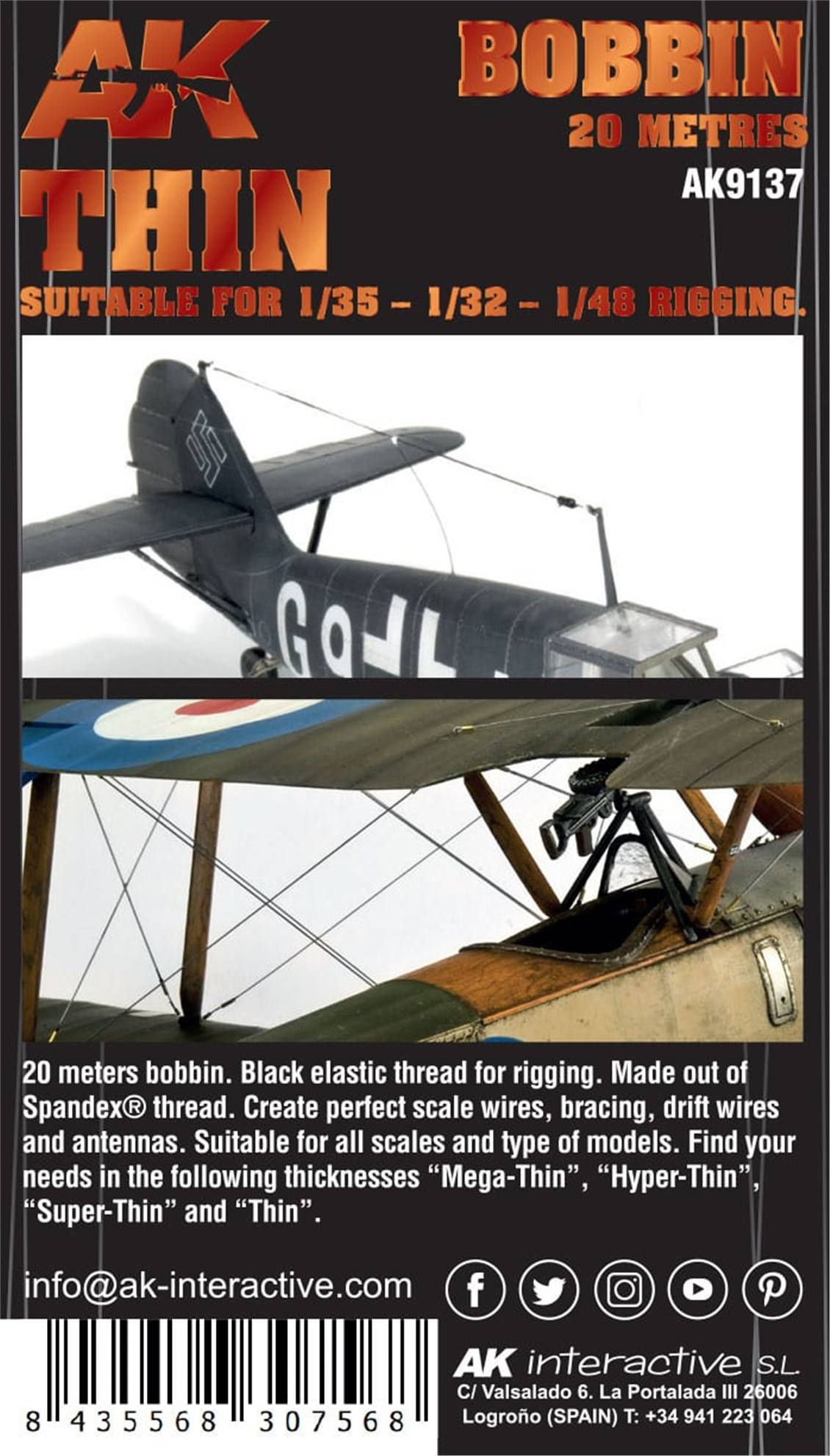 AK 9137 0,055 mm. Elastik Tel, 1/35-1/48 Ölçekler İçin, 20 metre