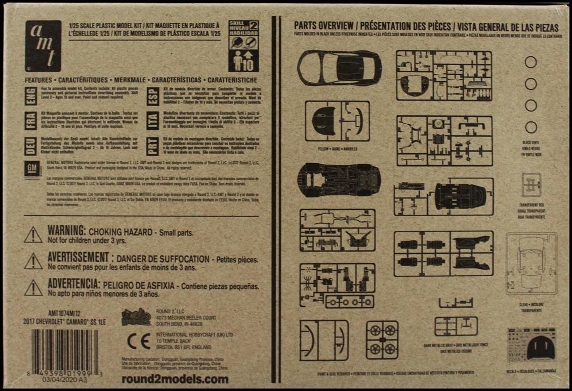 AMT 1074M 1/25 2017 Chevy Camaro SS 1LE Araba Demonte Plastik Maketi