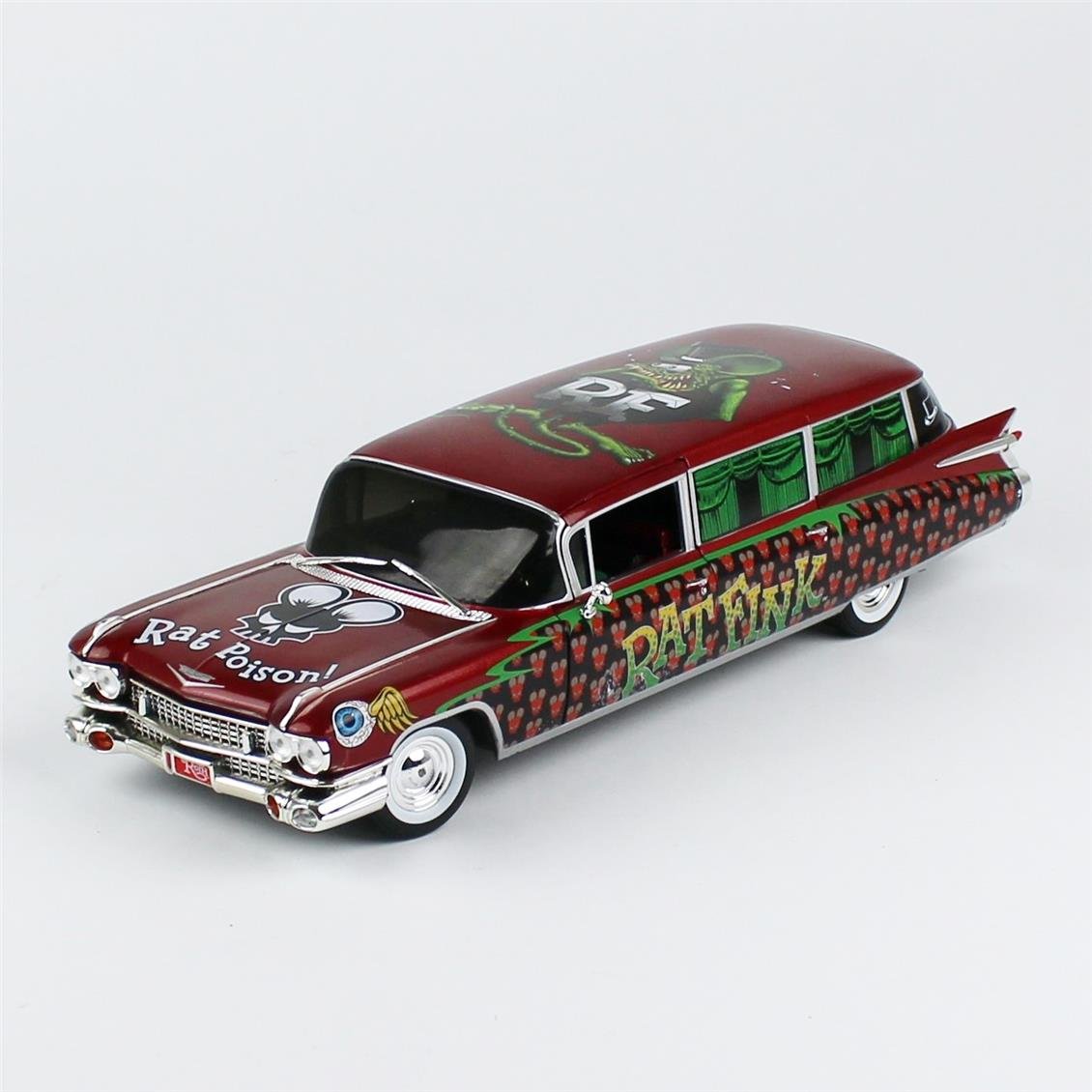 AutoWorld AW303 1/18 Ölçek, 1958 Cadillac Cenaze Arabası (Rat Fink), Sergilemeye Hazır Metal Araba Modeli