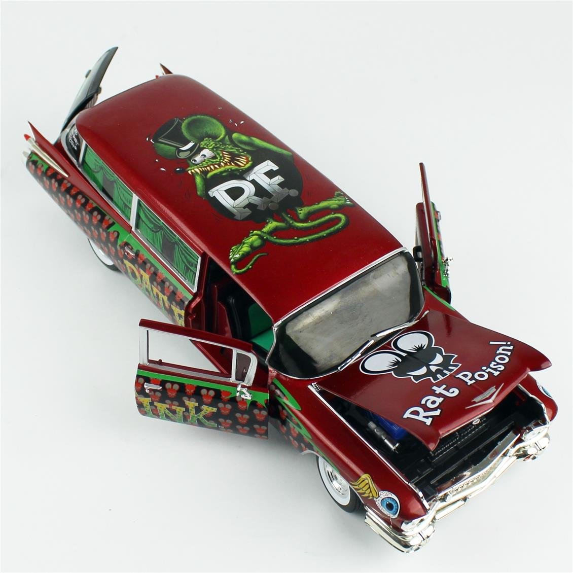AutoWorld AW303 1/18 Ölçek, 1958 Cadillac Cenaze Arabası (Rat Fink), Sergilemeye Hazır Metal Araba Modeli