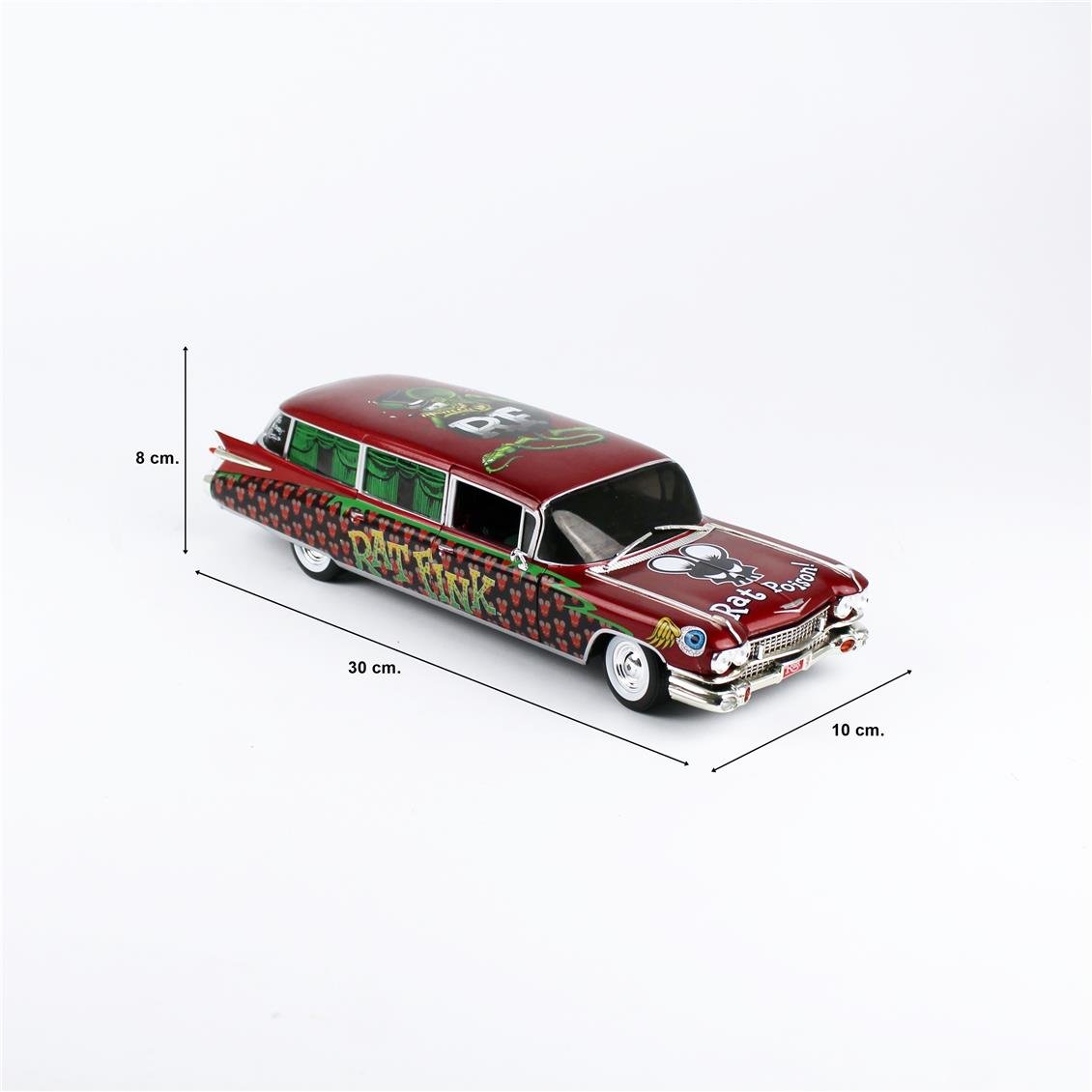 AutoWorld AW303 1/18 Ölçek, 1958 Cadillac Cenaze Arabası (Rat Fink), Sergilemeye Hazır Metal Araba Modeli