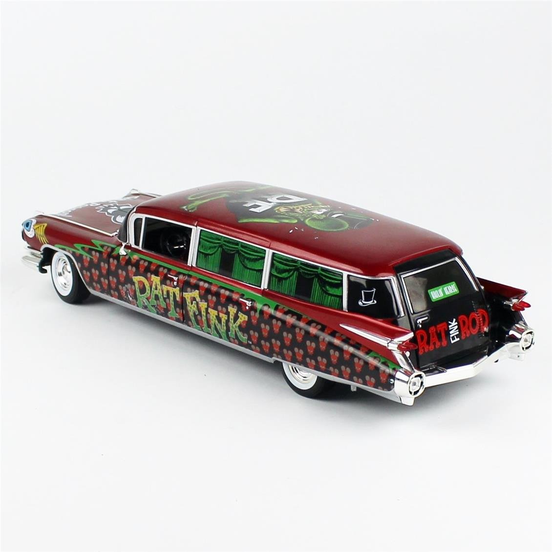 AutoWorld AW303 1/18 Ölçek, 1958 Cadillac Cenaze Arabası (Rat Fink), Sergilemeye Hazır Metal Araba Modeli