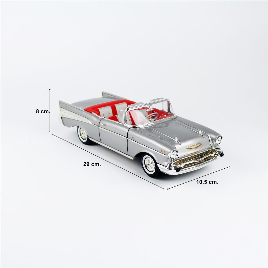AutoWorld AW307 1/18 Ölçek, 1957 Chevrolet Bel Air Convertible, Metalik  Gümüş, Sergilemeye Hazır Metal Araba Modeli